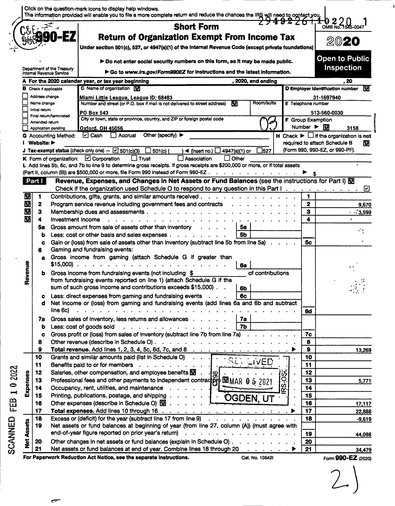 Image of first page of 2020 Form 990EZ for Little League Baseball - 68483 Miami LL