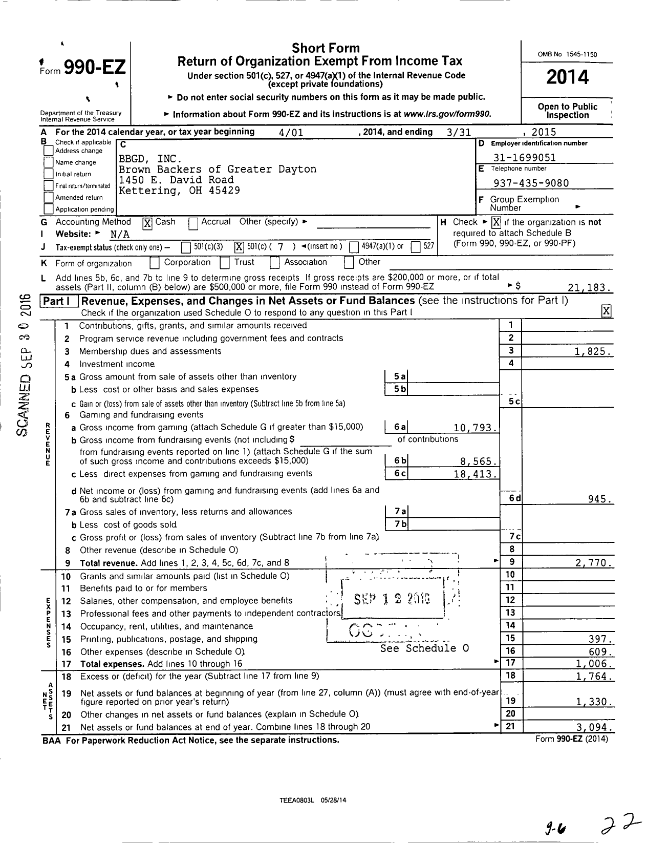 Image of first page of 2014 Form 990EO for BBGD INC Brown Backers of Greater Dayton