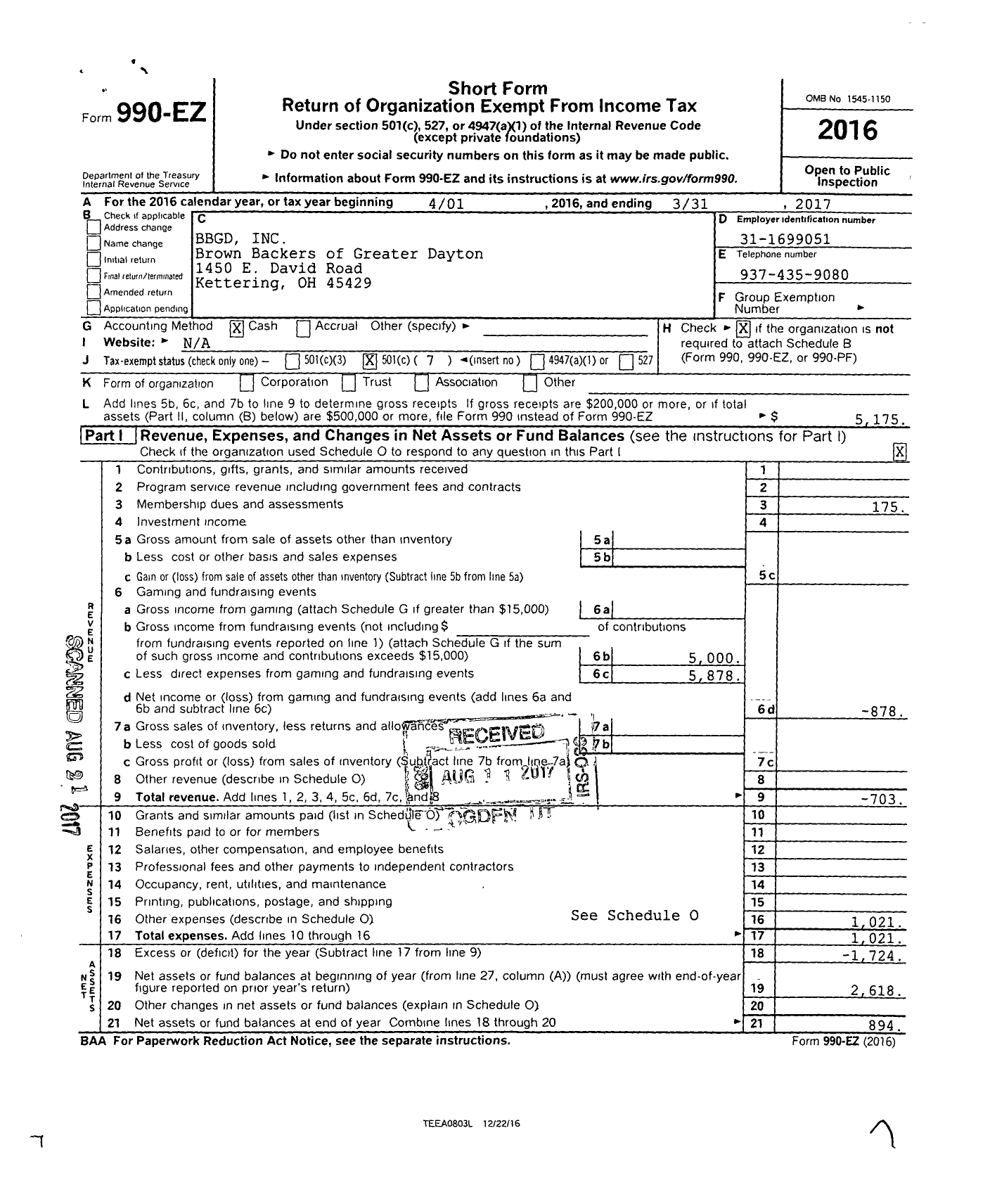 Image of first page of 2016 Form 990EO for BBGD INC Brown Backers of Greater Dayton