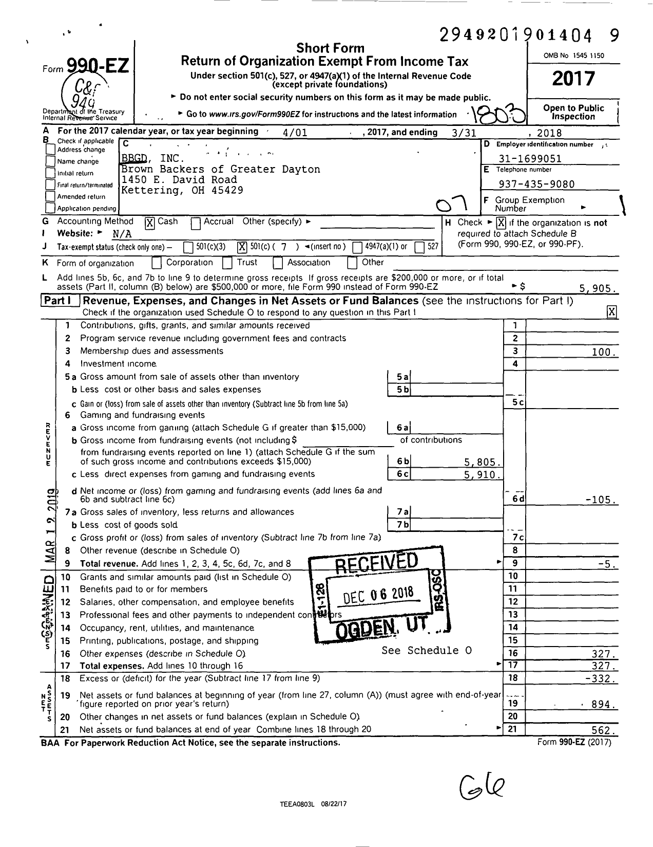 Image of first page of 2017 Form 990EO for BBGD INC Brown Backers of Greater Dayton