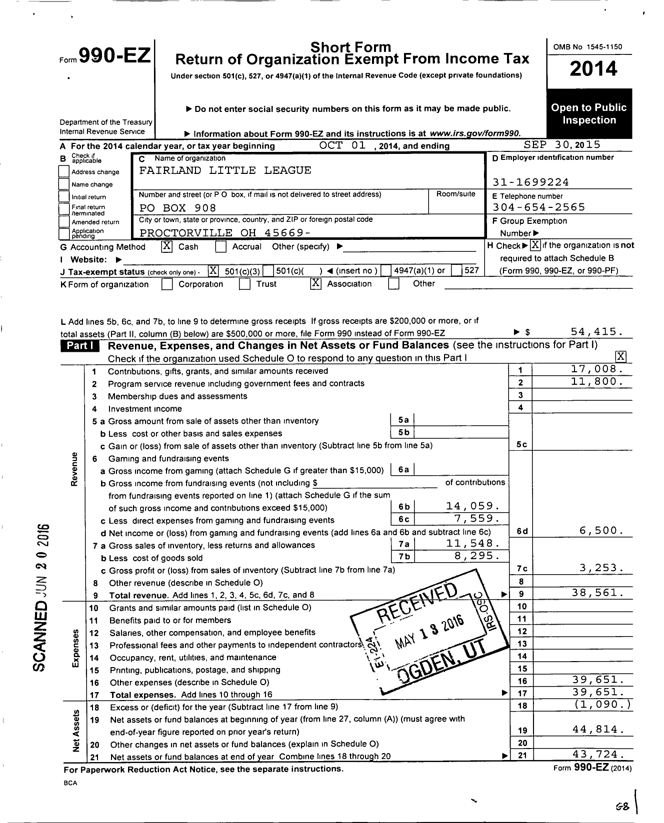 Image of first page of 2014 Form 990EZ for Little League Baseball - 1351114 Fairland LL