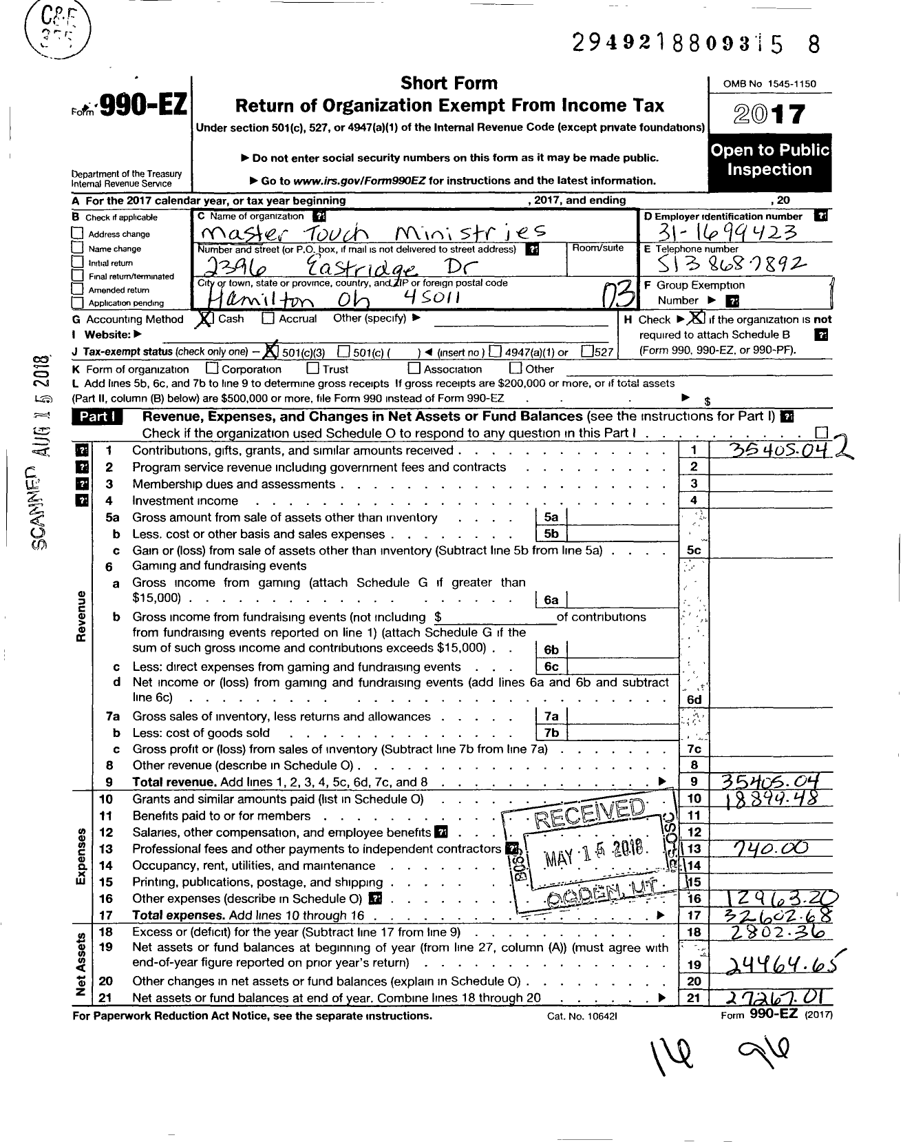 Image of first page of 2017 Form 990EZ for Masters Touch Ministries