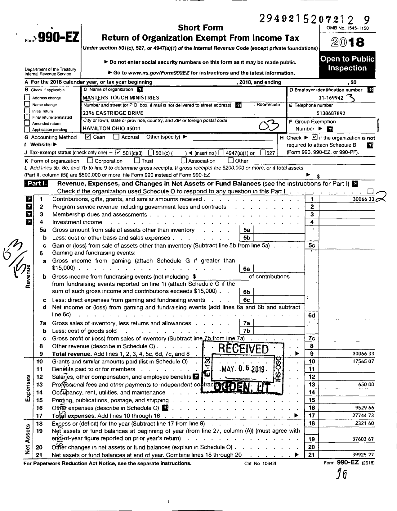 Image of first page of 2018 Form 990EZ for Masters Touch Ministries