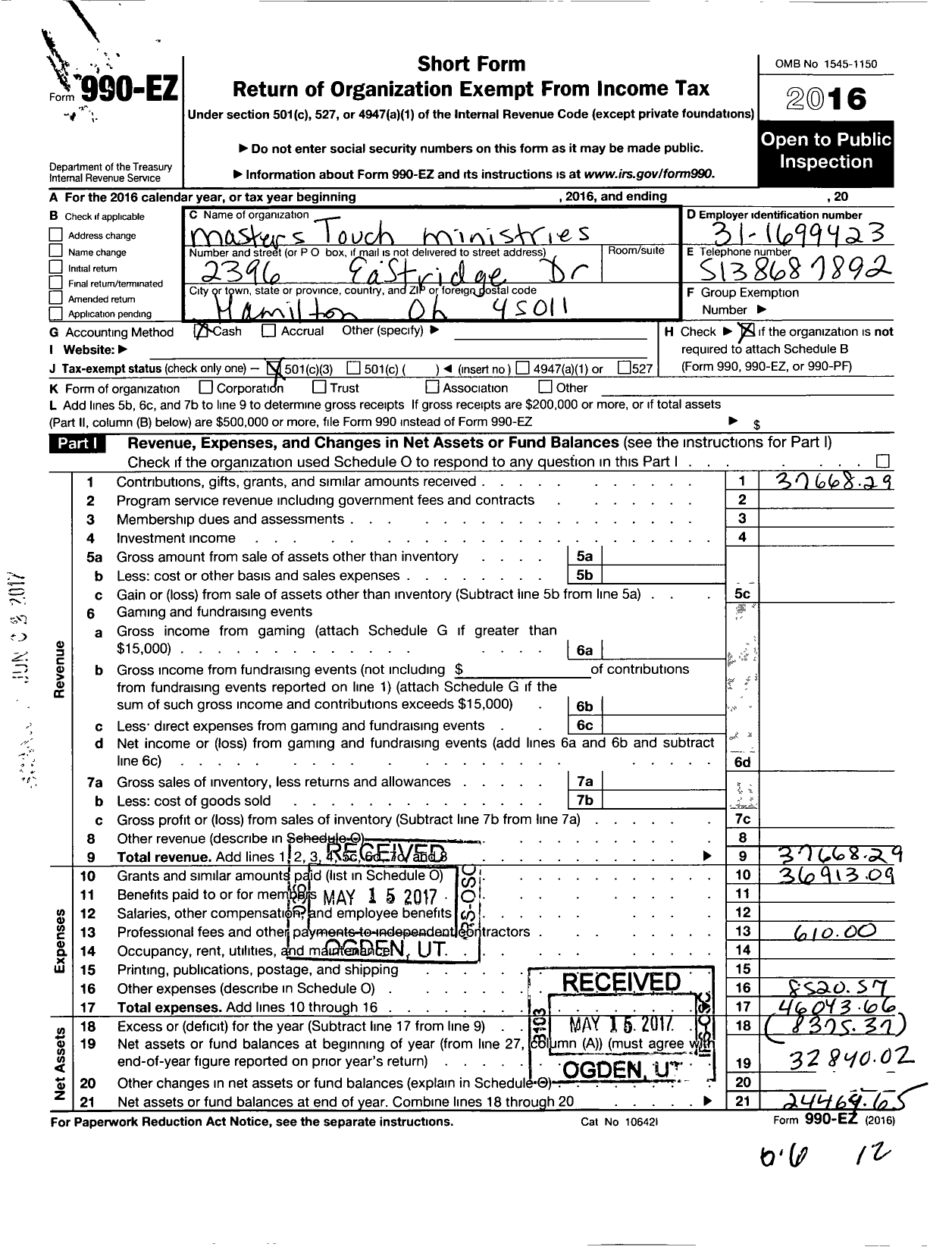 Image of first page of 2016 Form 990EZ for Masters Touch Ministries