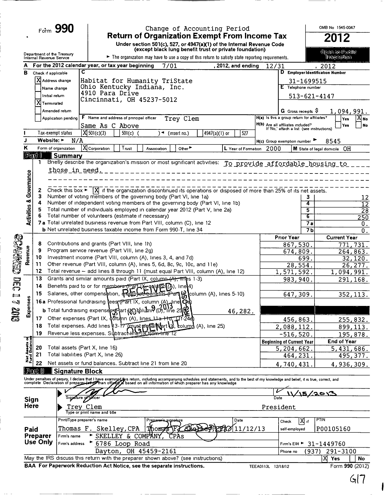 Image of first page of 2012 Form 990 for Habitat for Humanity Tristate Ohio Kentucky Indiana