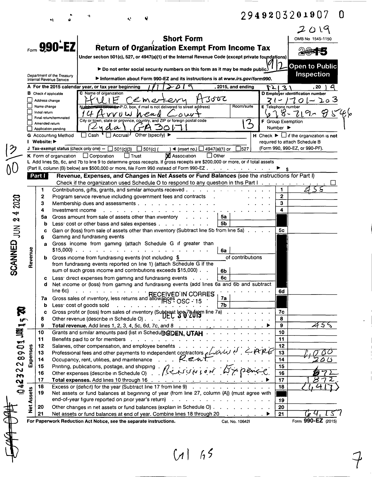 Image of first page of 2019 Form 990EO for Huie Cemetary Association