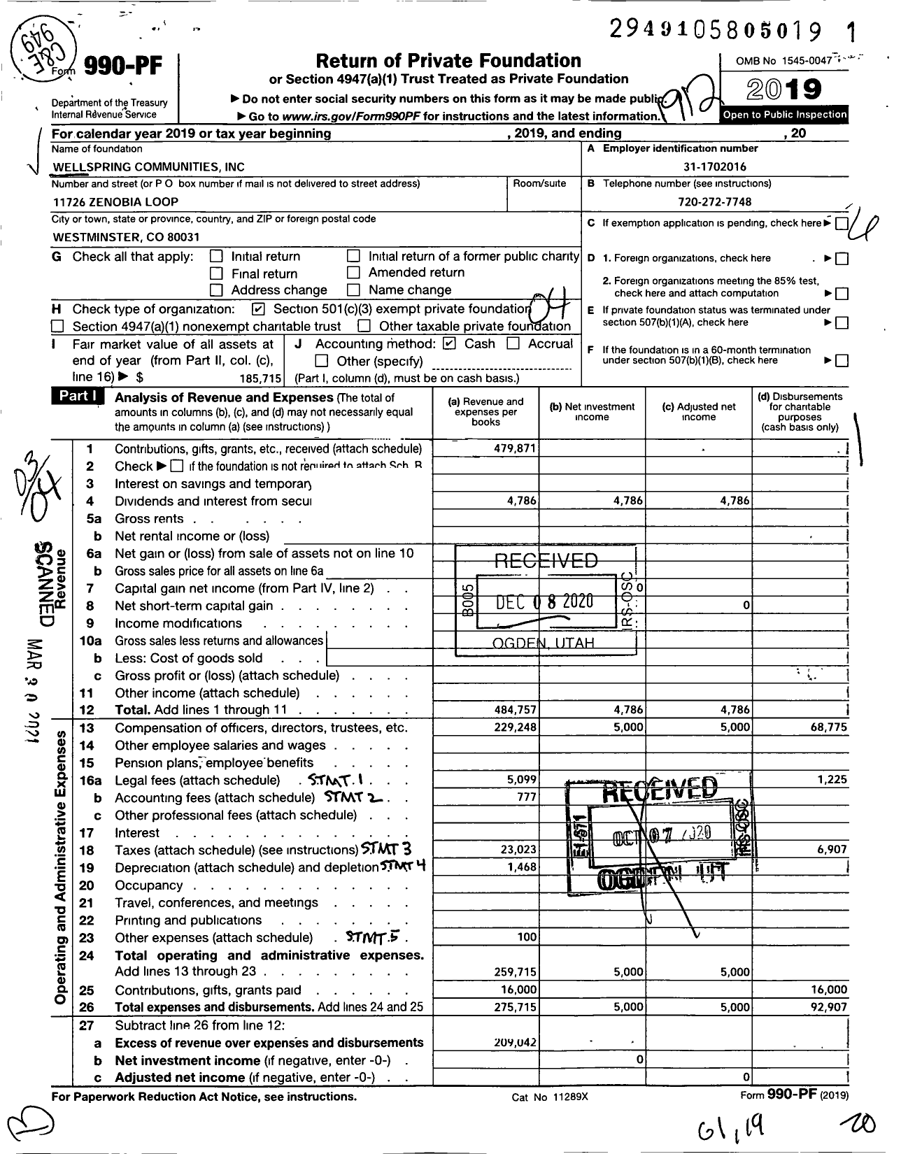 Image of first page of 2019 Form 990PF for Wellspring Communities