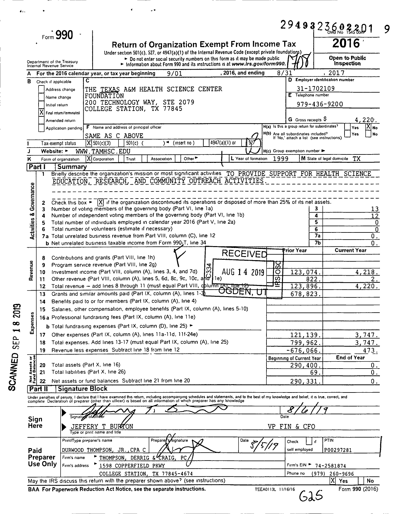 Image of first page of 2016 Form 990 for The Texas A&M Health Science Center Foundation