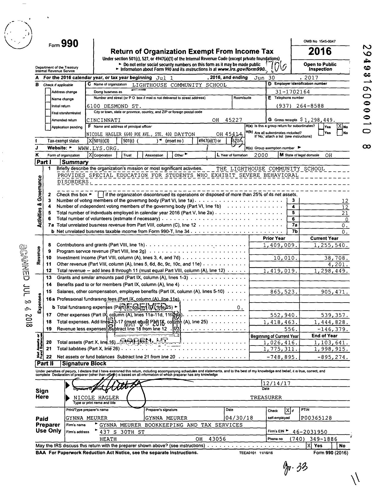 Image of first page of 2016 Form 990 for Lighthouse Community School