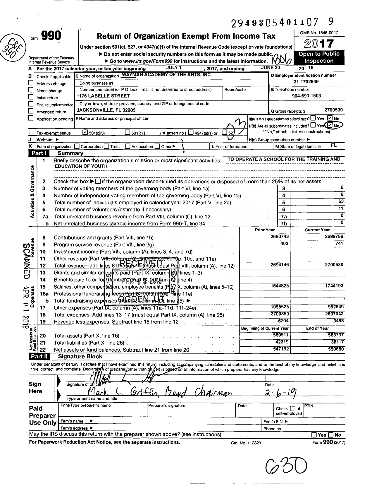 Image of first page of 2017 Form 990 for Wayman Academy of the Arts