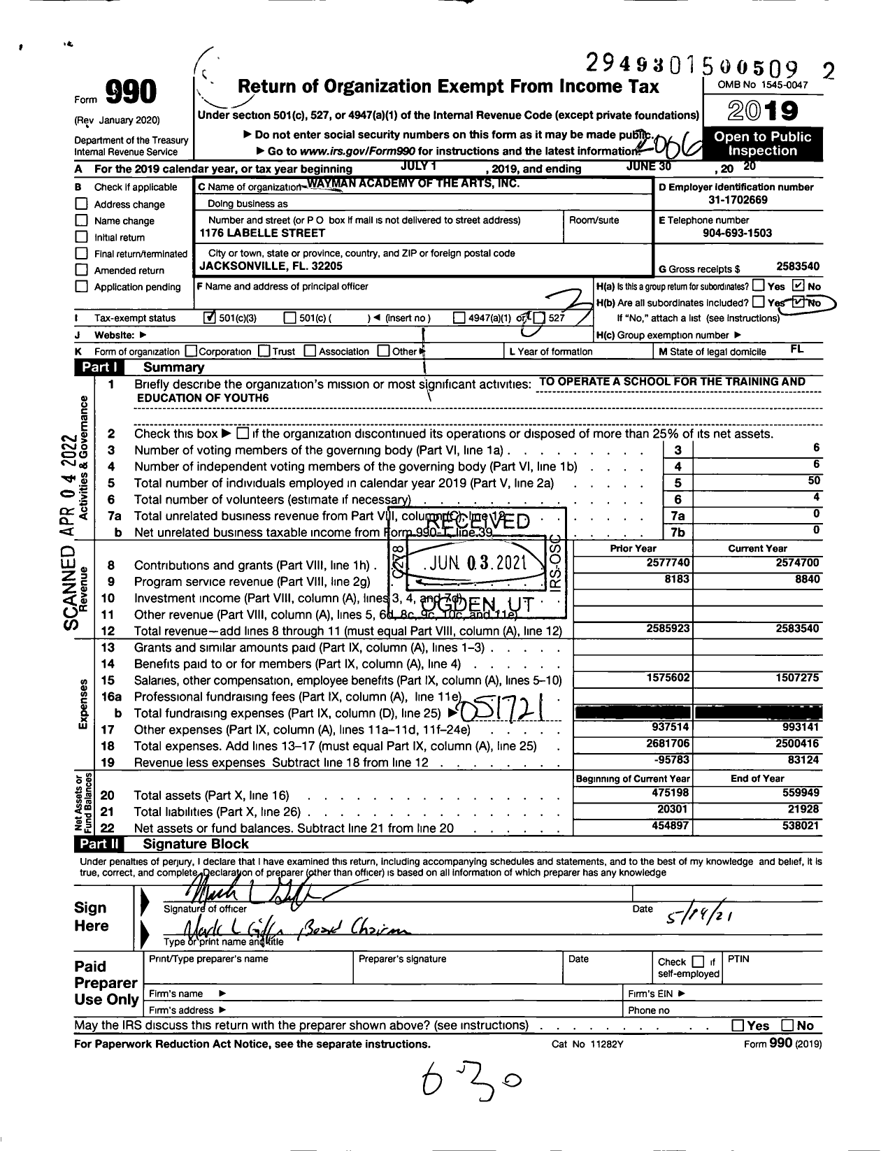 Image of first page of 2019 Form 990 for Wayman Academy of the Arts