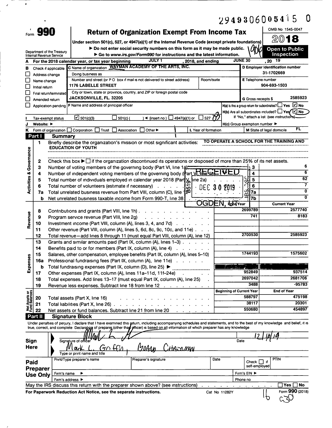 Image of first page of 2018 Form 990 for Wayman Academy of the Arts