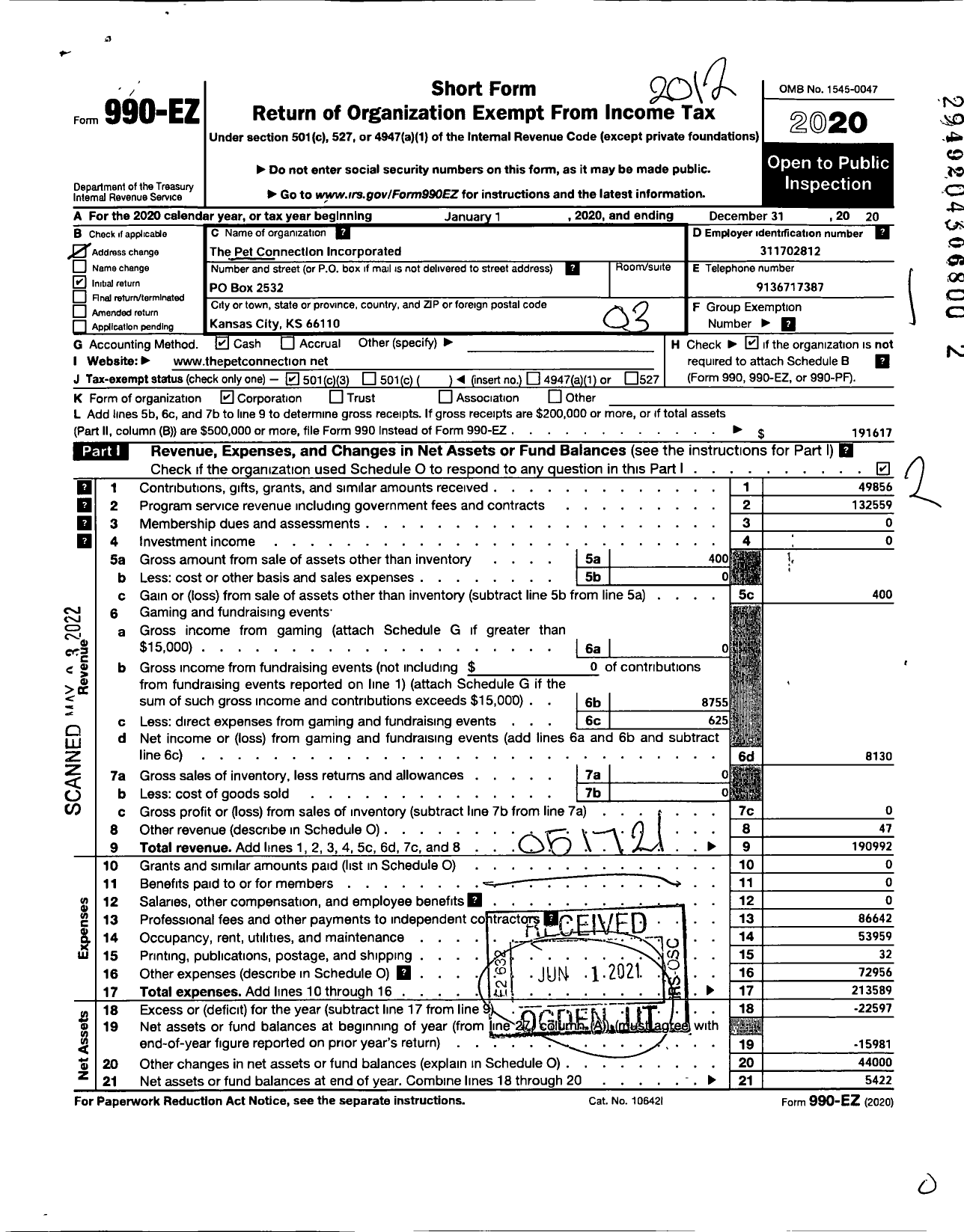 Image of first page of 2020 Form 990EZ for The Pet Connection Incorporated