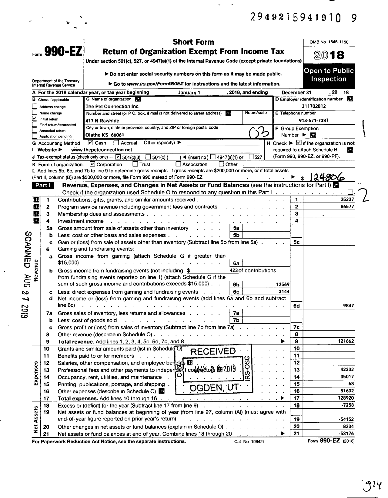 Image of first page of 2018 Form 990EZ for The Pet Connection Incorporated