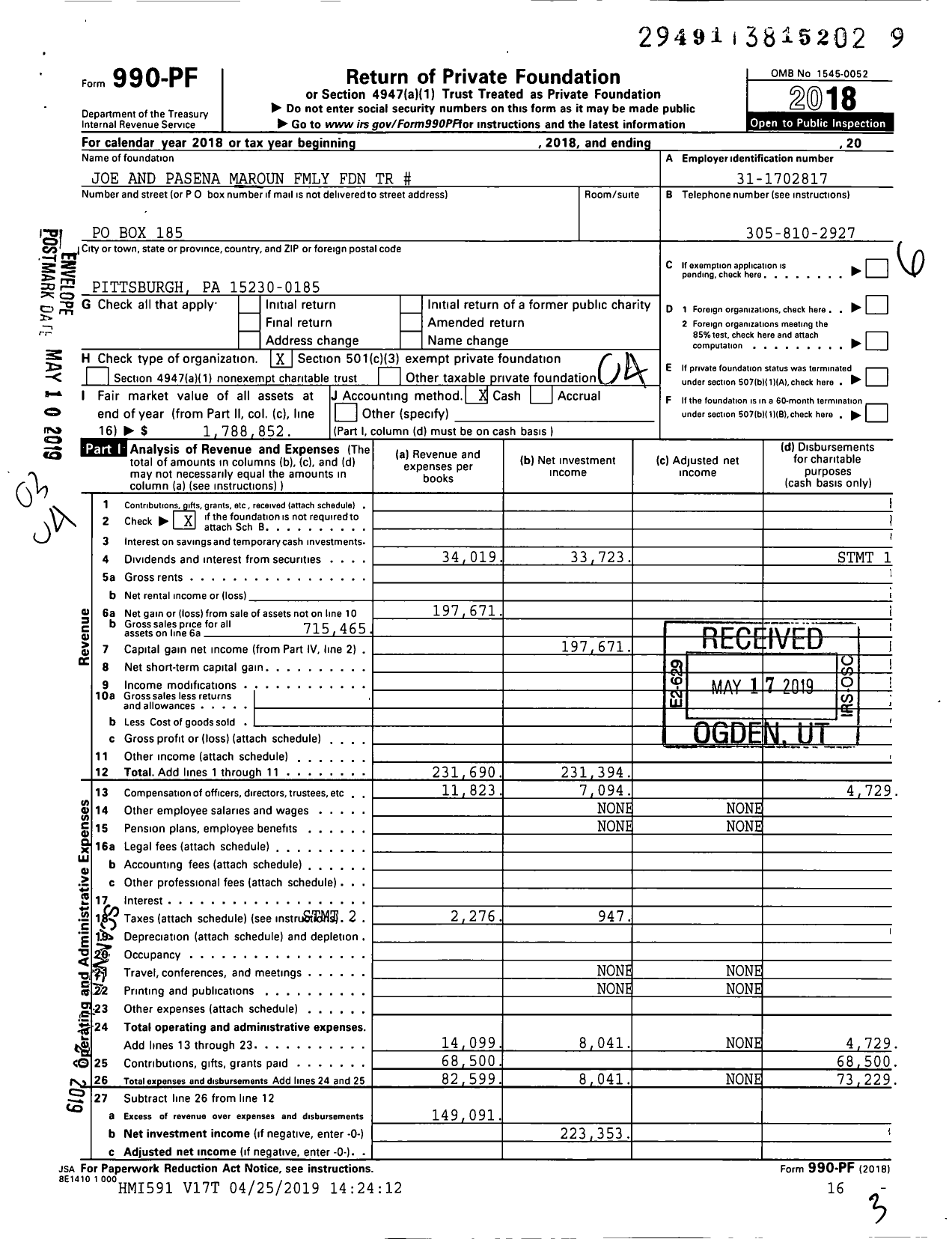 Image of first page of 2018 Form 990PF for Joe and Pasena Maroun Fmly Foundation TR #