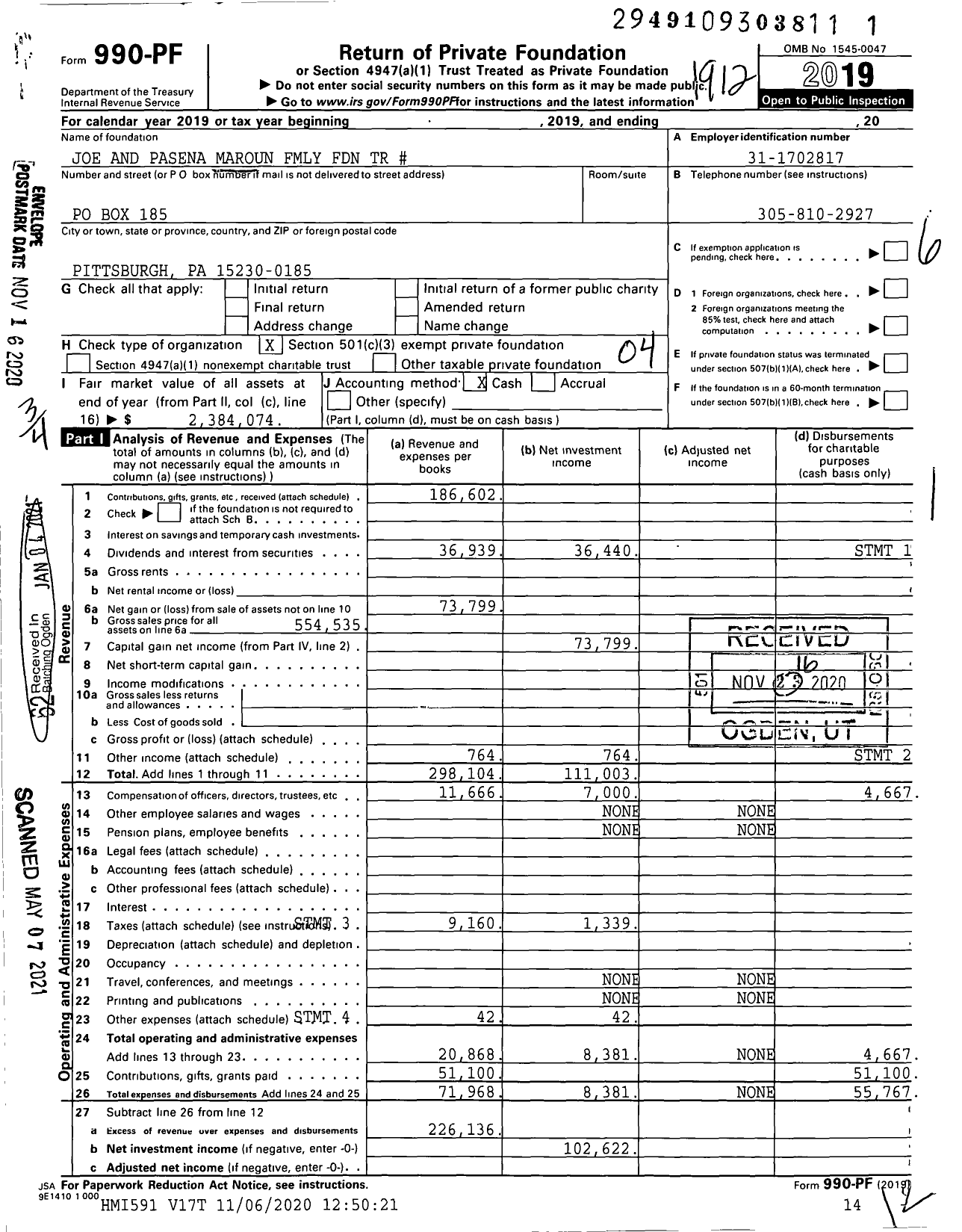 Image of first page of 2019 Form 990PF for Joe and Pasena Maroun Fmly Foundation TR #