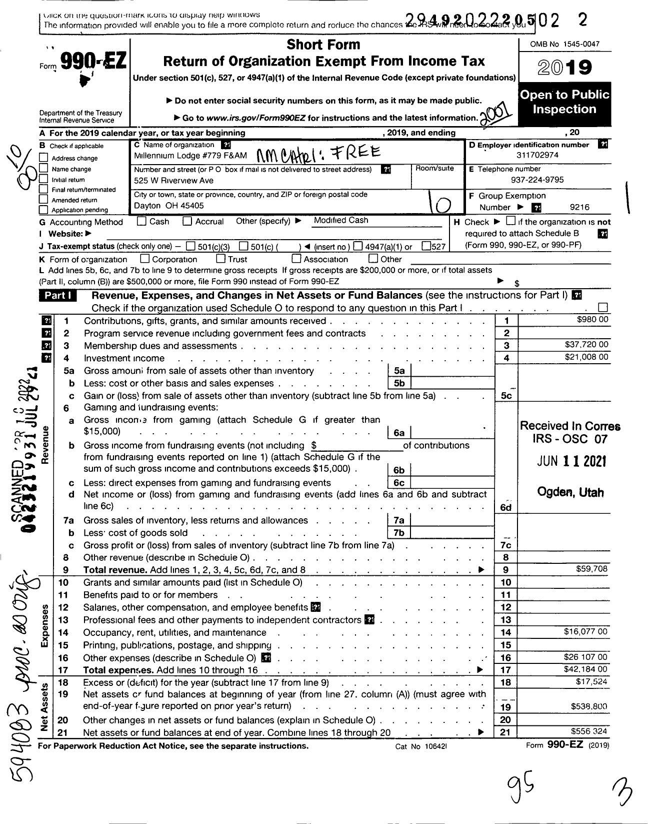 Image of first page of 2019 Form 990EO for Free & Accepted Masons of Ohio - 0779 Millennium