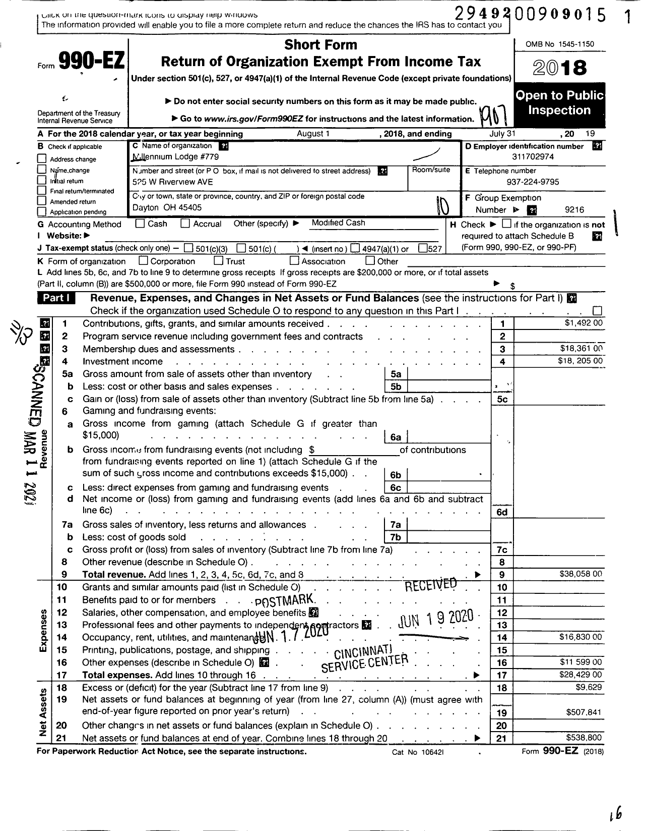 Image of first page of 2018 Form 990EO for Free & Accepted Masons of Ohio - 0779 Millennium