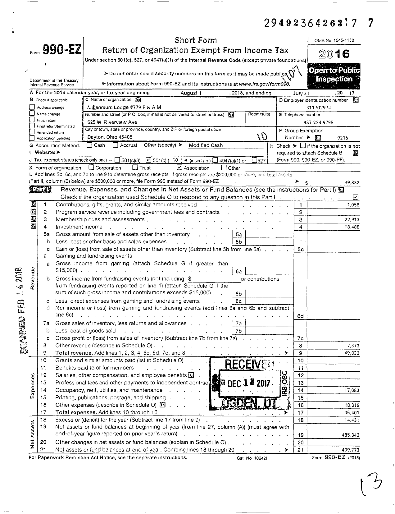 Image of first page of 2016 Form 990EO for Free & Accepted Masons of Ohio - 0779 Millennium