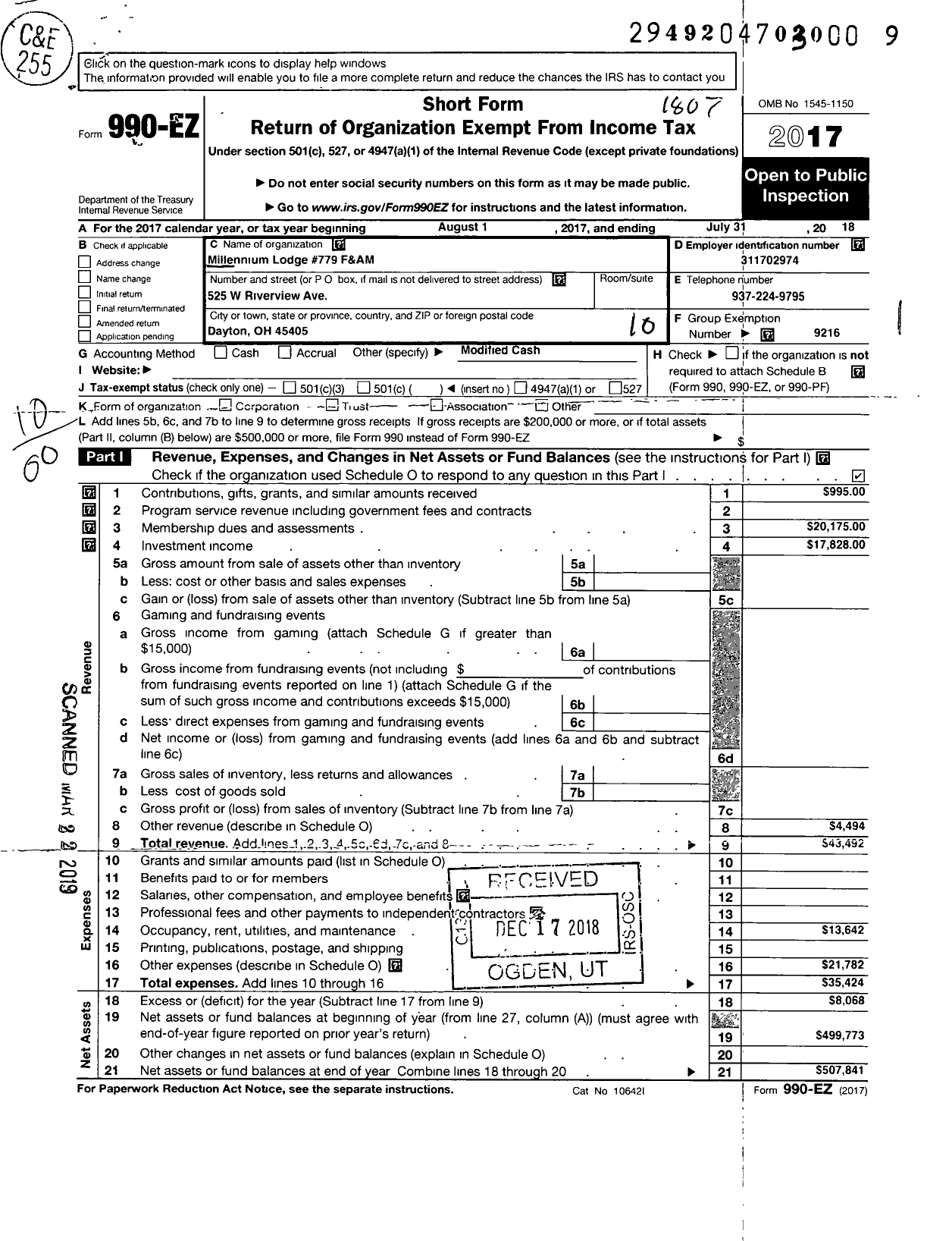 Image of first page of 2017 Form 990EO for Free & Accepted Masons of Ohio - 0779 Millennium