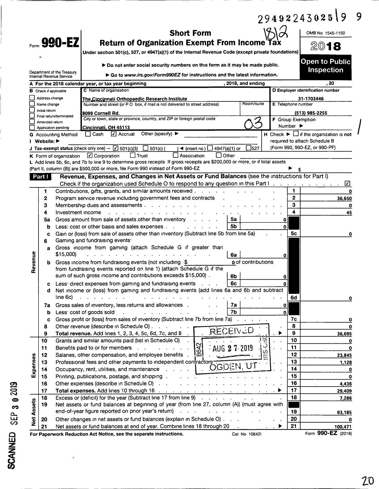 Image of first page of 2018 Form 990EZ for Cincinnati Orthopaedic Research Institute