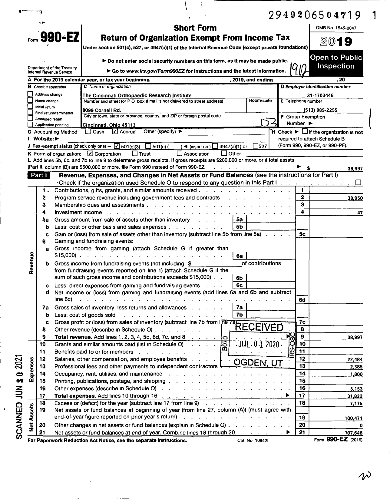 Image of first page of 2019 Form 990EZ for Cincinnati Orthopaedic Research Institute