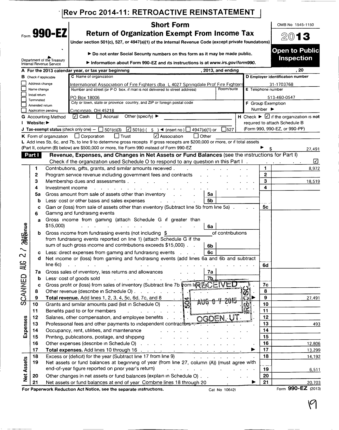 Image of first page of 2013 Form 990EO for INTERNATIONAL ASSOCIATION OF Fire Fighters Springdale Local 4027