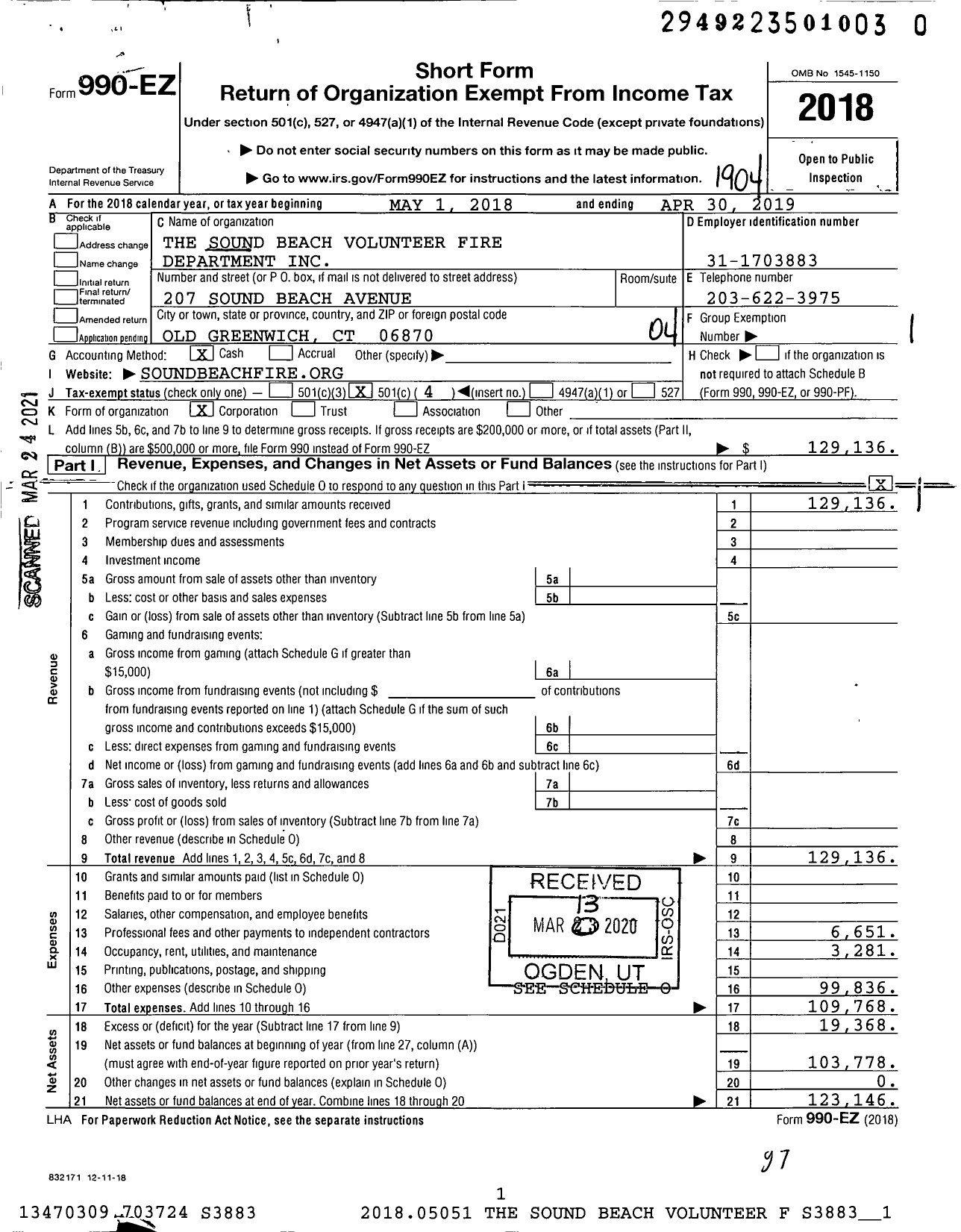 Image of first page of 2018 Form 990EO for The Sound Beach Volunteer Fire