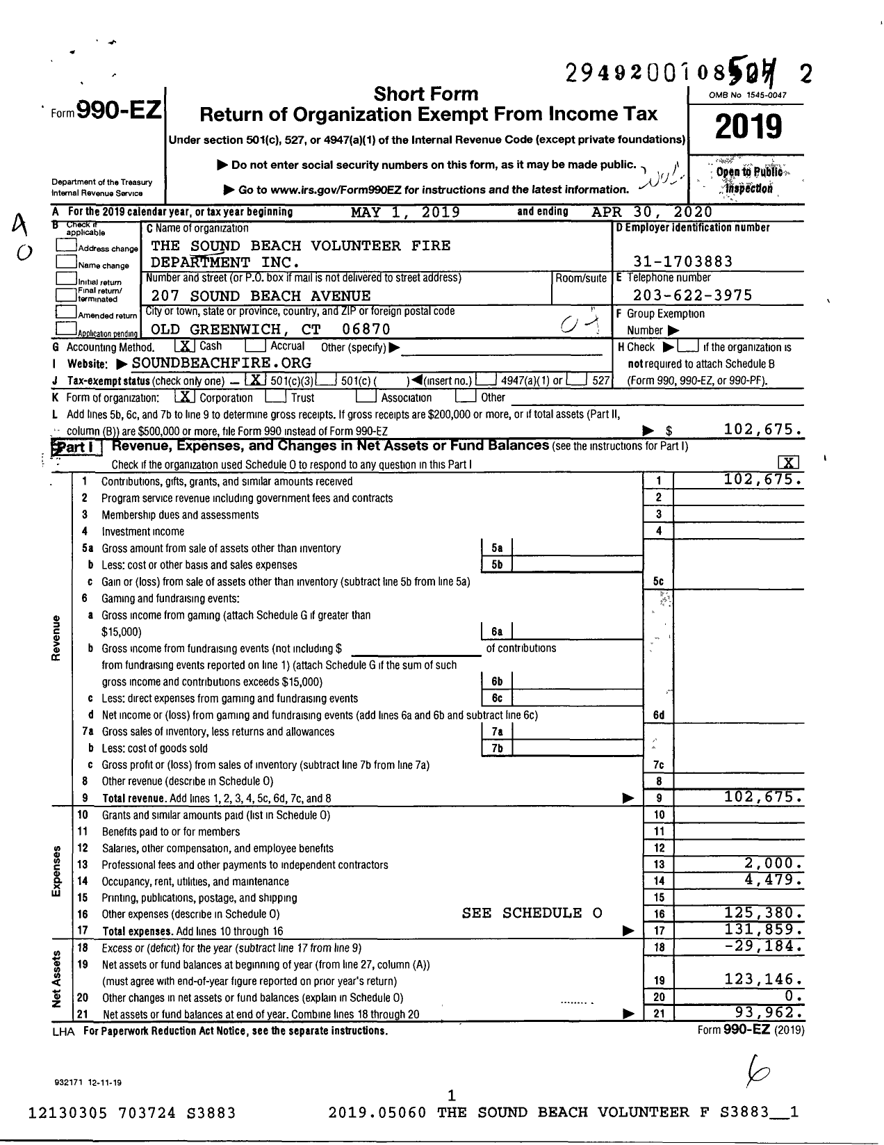 Image of first page of 2019 Form 990EO for The Sound Beach Volunteer Fire