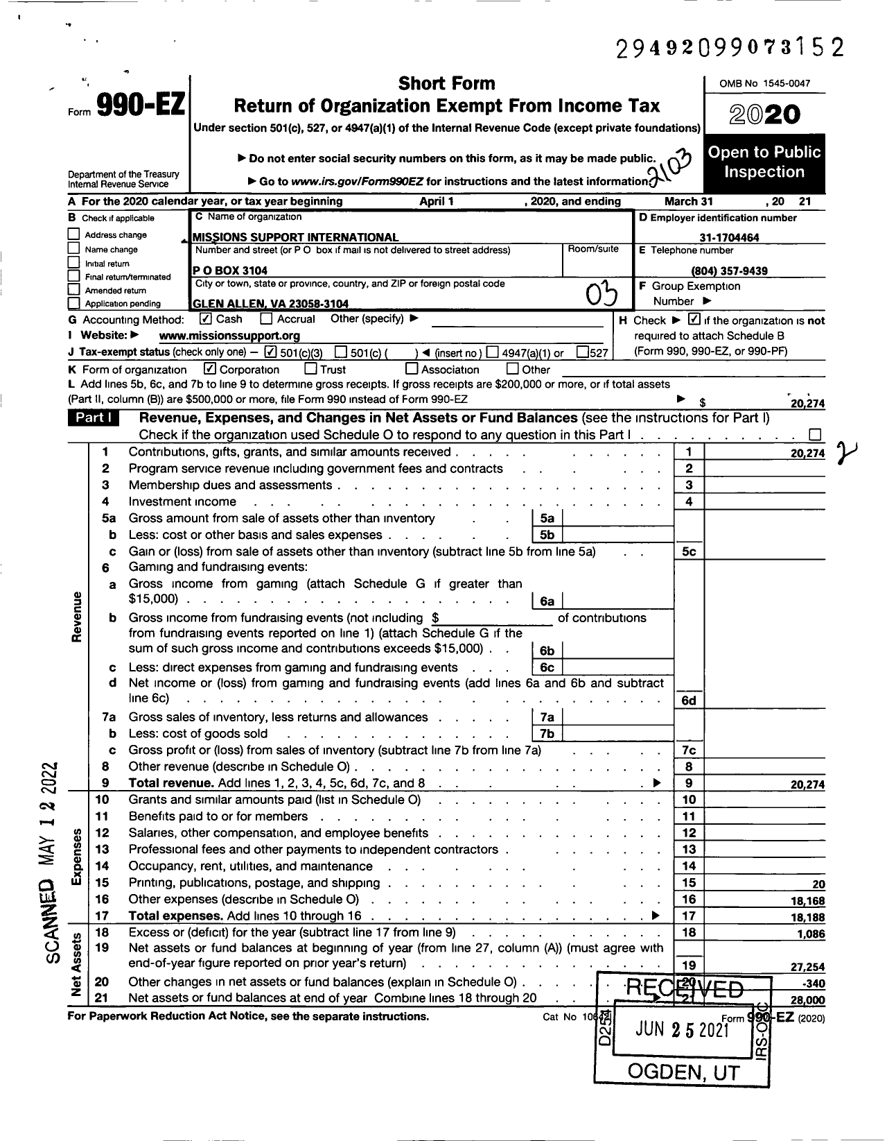 Image of first page of 2020 Form 990EZ for Missions Support International