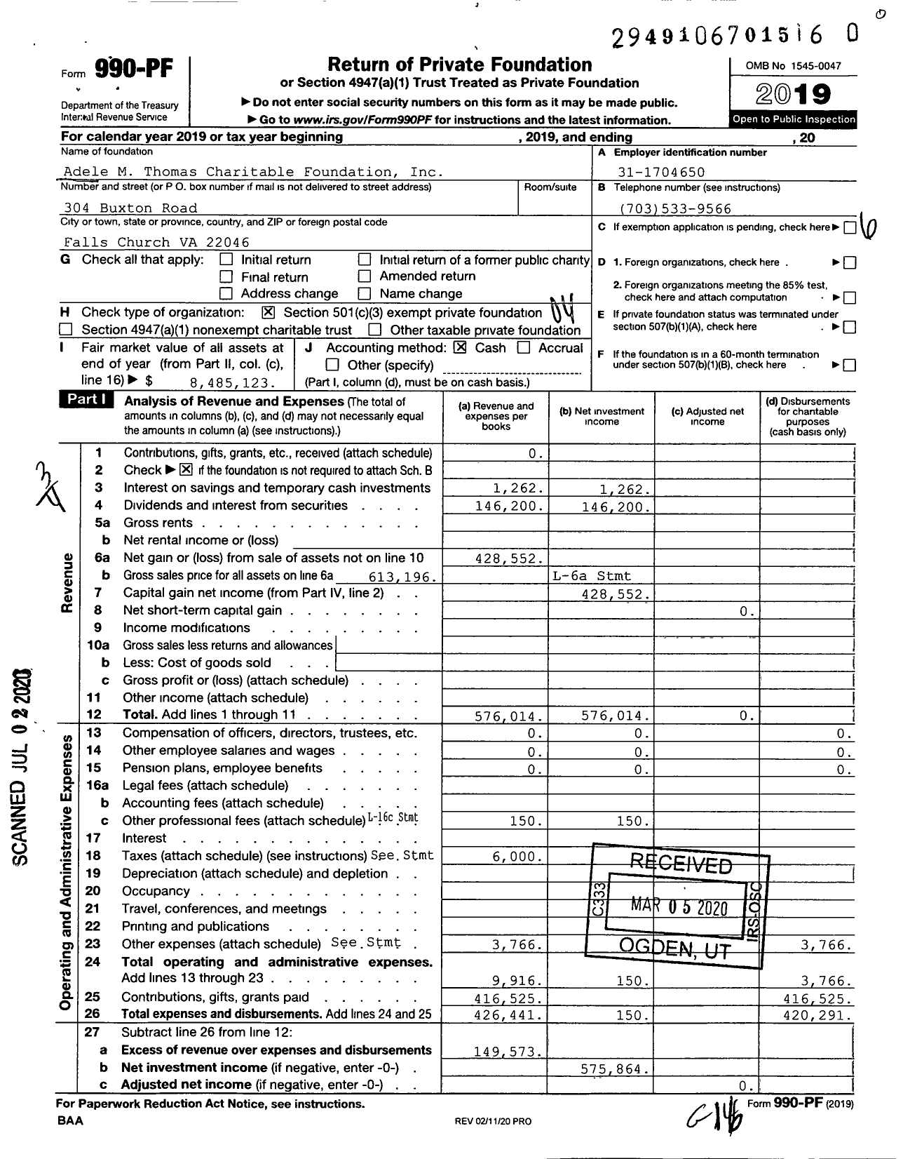 Image of first page of 2019 Form 990PR for Adele M Thomas Charitable Foundation