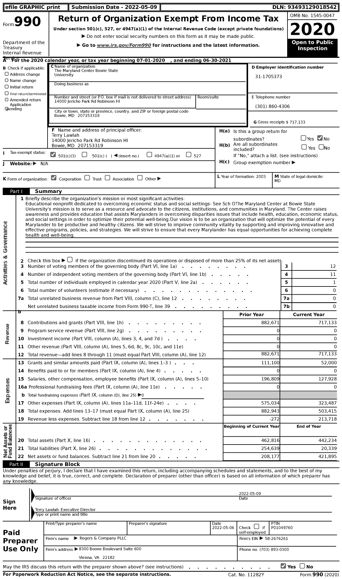 Image of first page of 2020 Form 990 for The Maryland Center Bowie State University