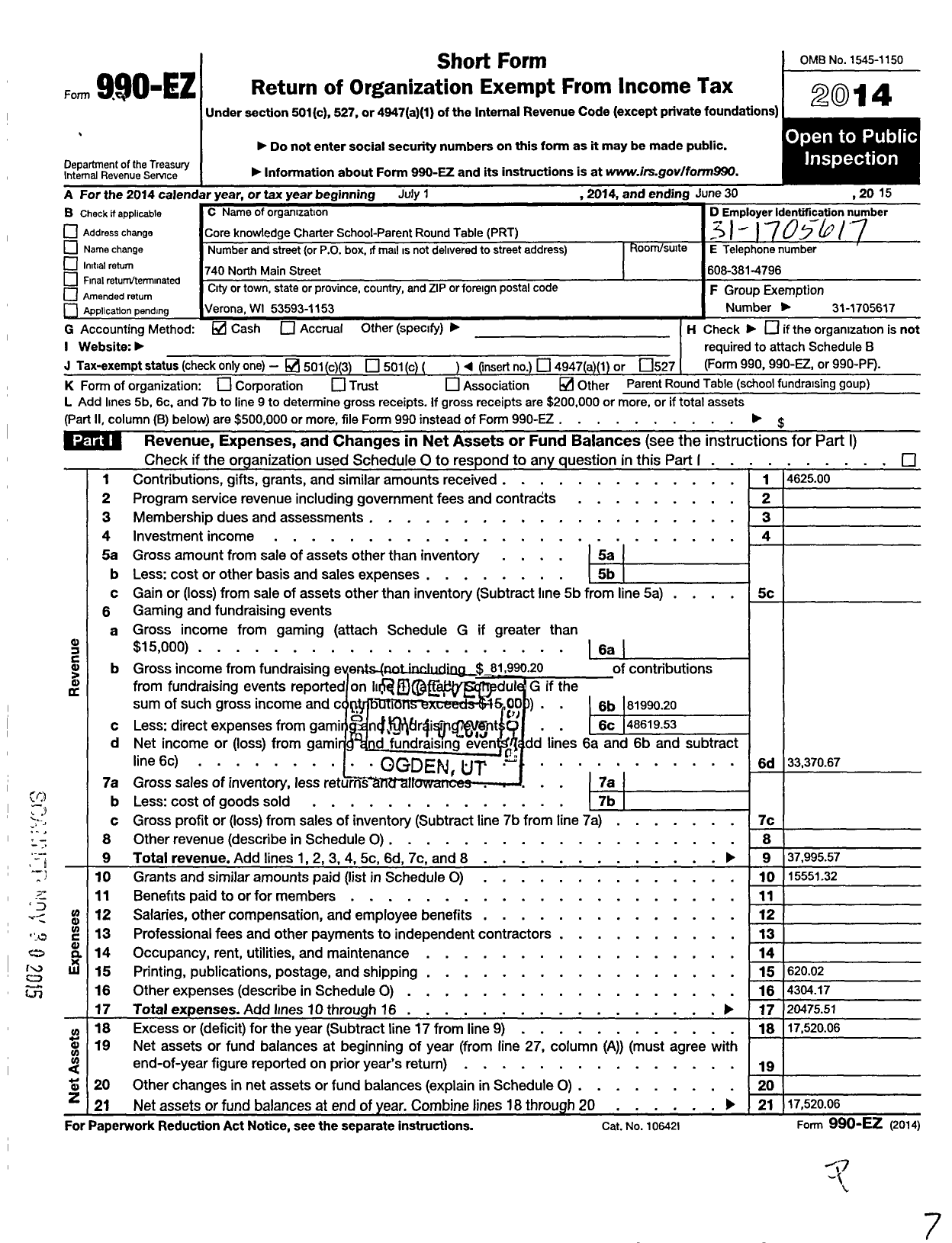 Image of first page of 2014 Form 990EZ for Core Knowledge Charter School Parent Round Table 53539