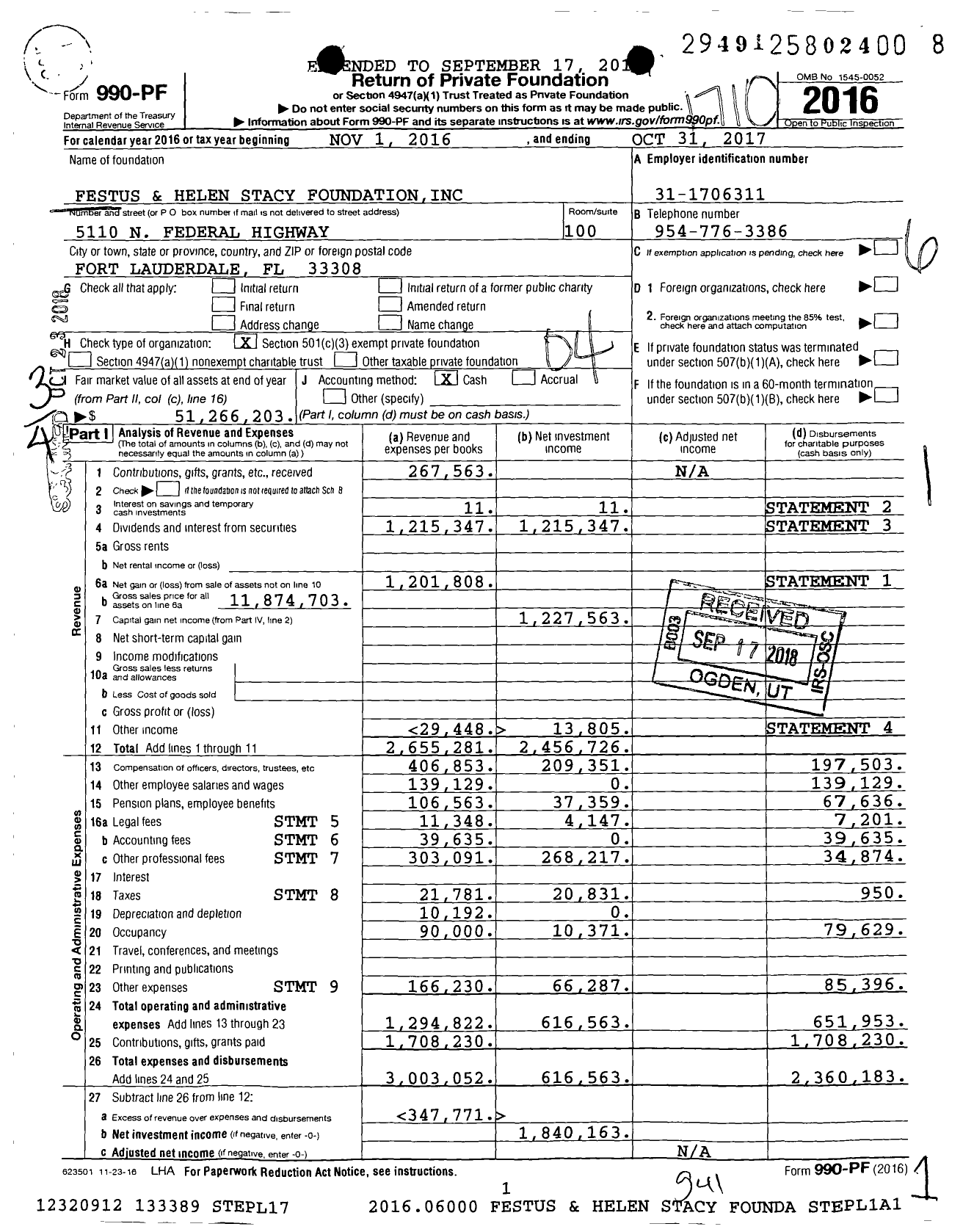 Image of first page of 2016 Form 990PF for Festus and Helen Stacy Foundation