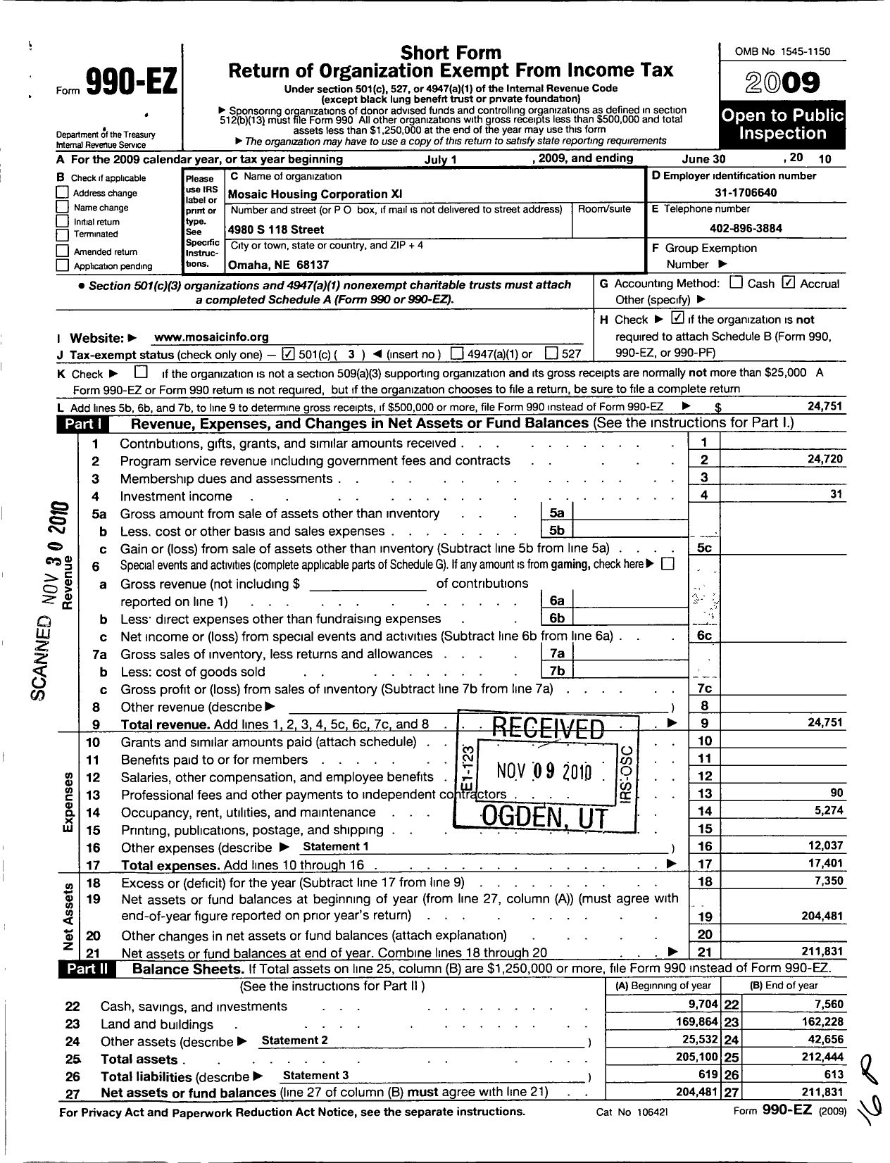 Image of first page of 2009 Form 990EZ for Mosaic Housing Corp Xi