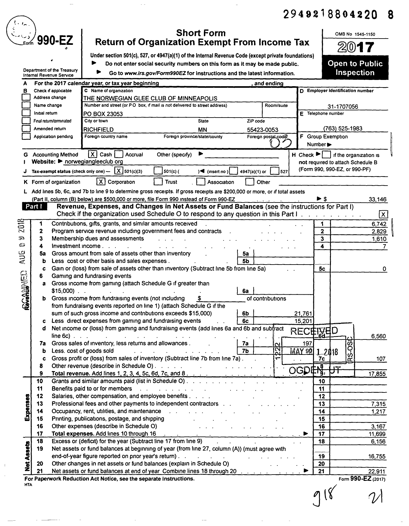 Image of first page of 2017 Form 990EZ for Norwegian Glee Club of Minneapolis