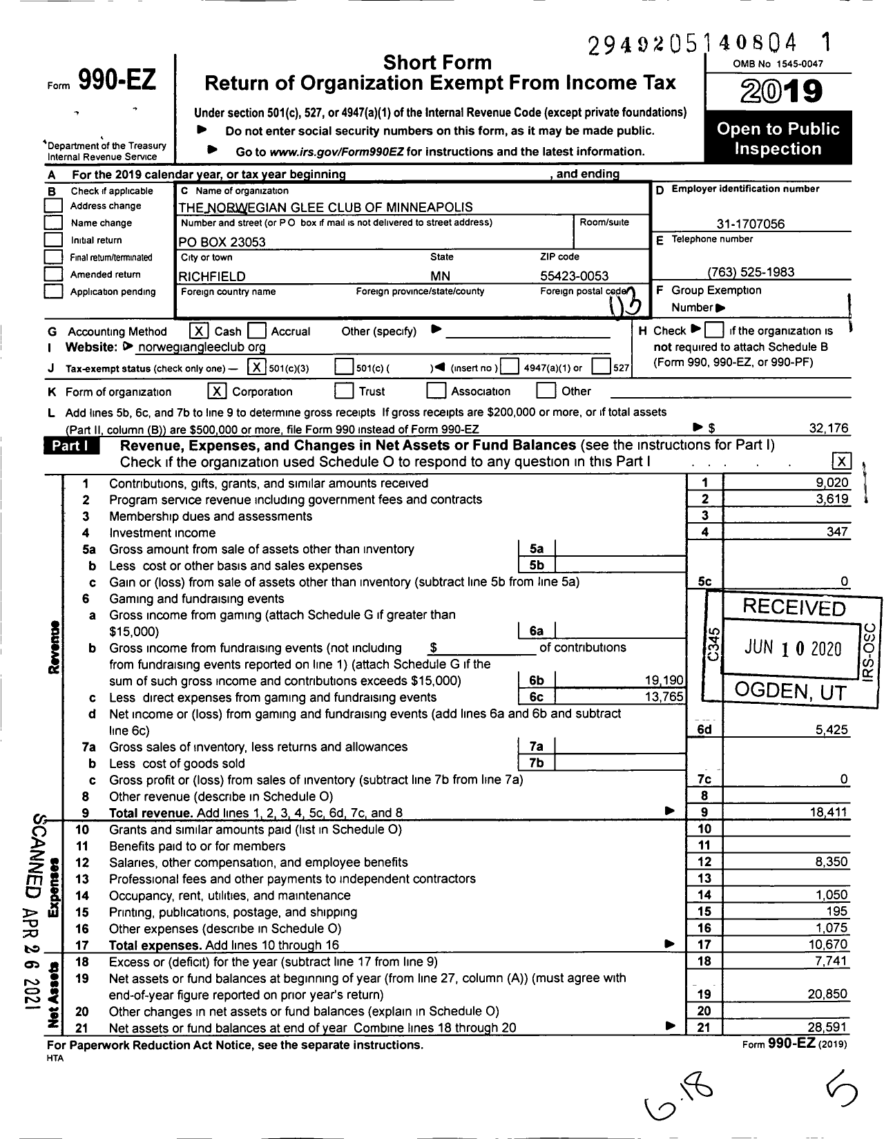 Image of first page of 2019 Form 990EZ for Norwegian Glee Club of Minneapolis