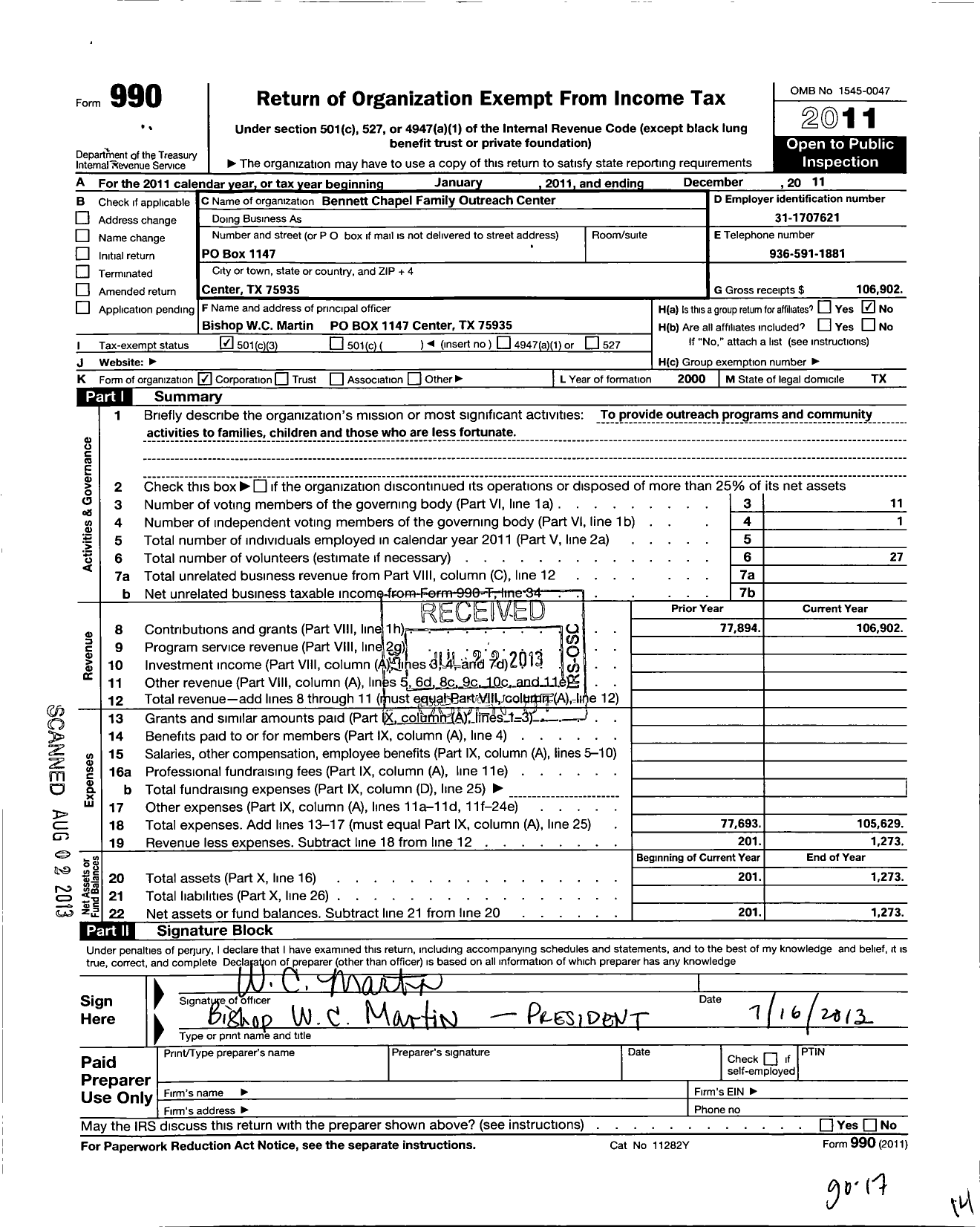 Image of first page of 2011 Form 990 for Bennett Chapel Family Outreach Center