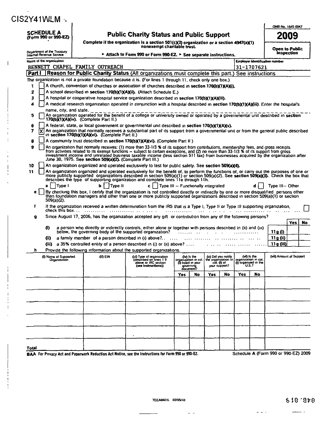 Image of first page of 2009 Form 990ER for Bennett Chapel Family Outreach Center