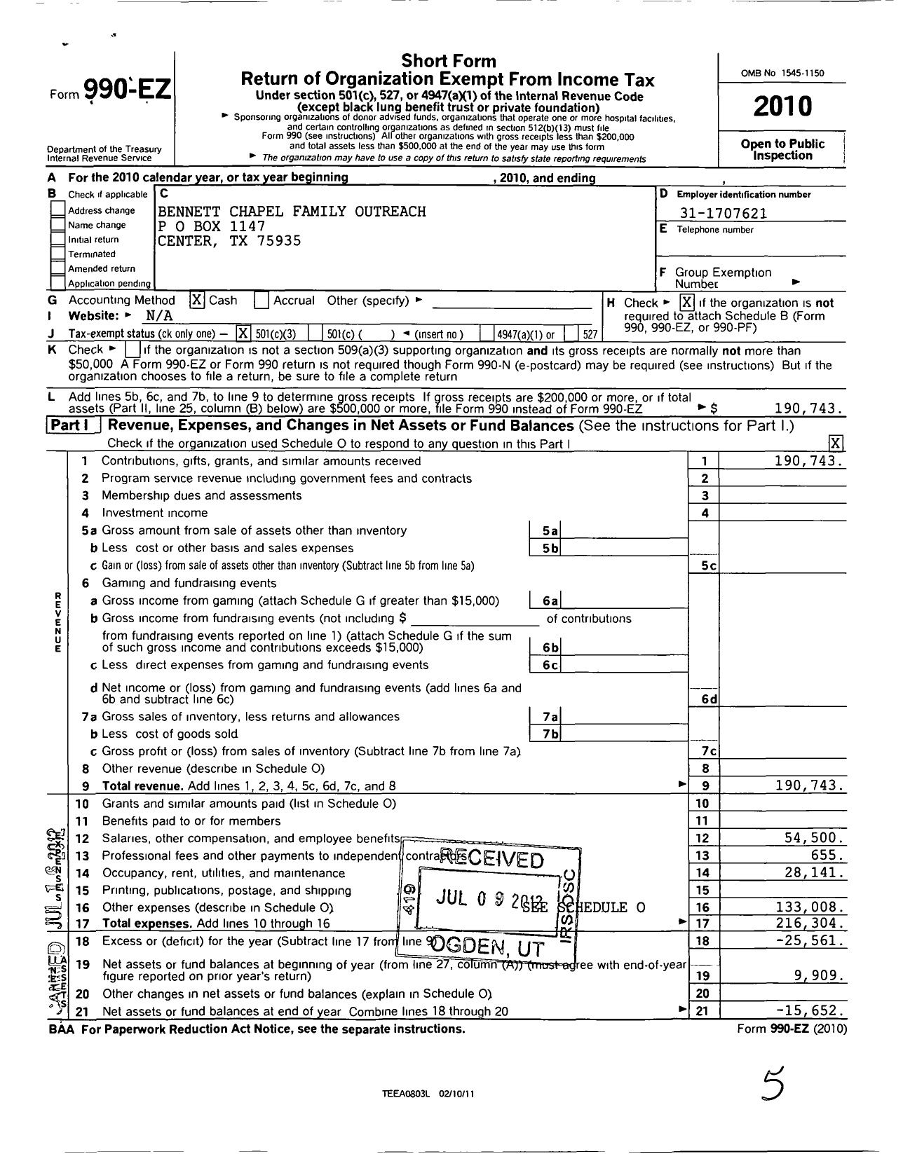 Image of first page of 2010 Form 990EZ for Bennett Chapel Family Outreach Center