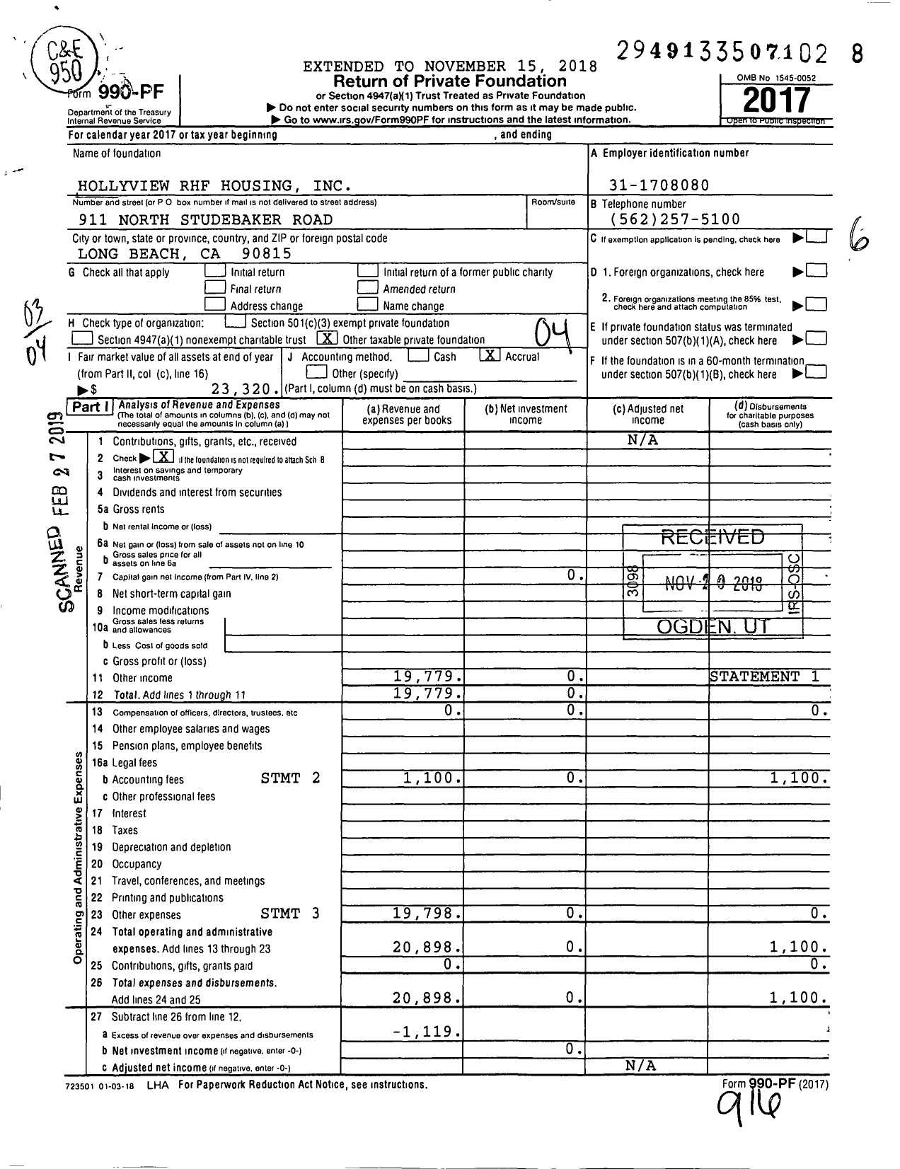 Image of first page of 2017 Form 990PF for Hollyview RHF Housing