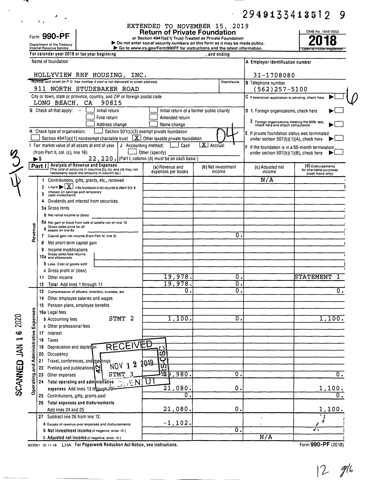 Image of first page of 2018 Form 990PF for Hollyview RHF Housing