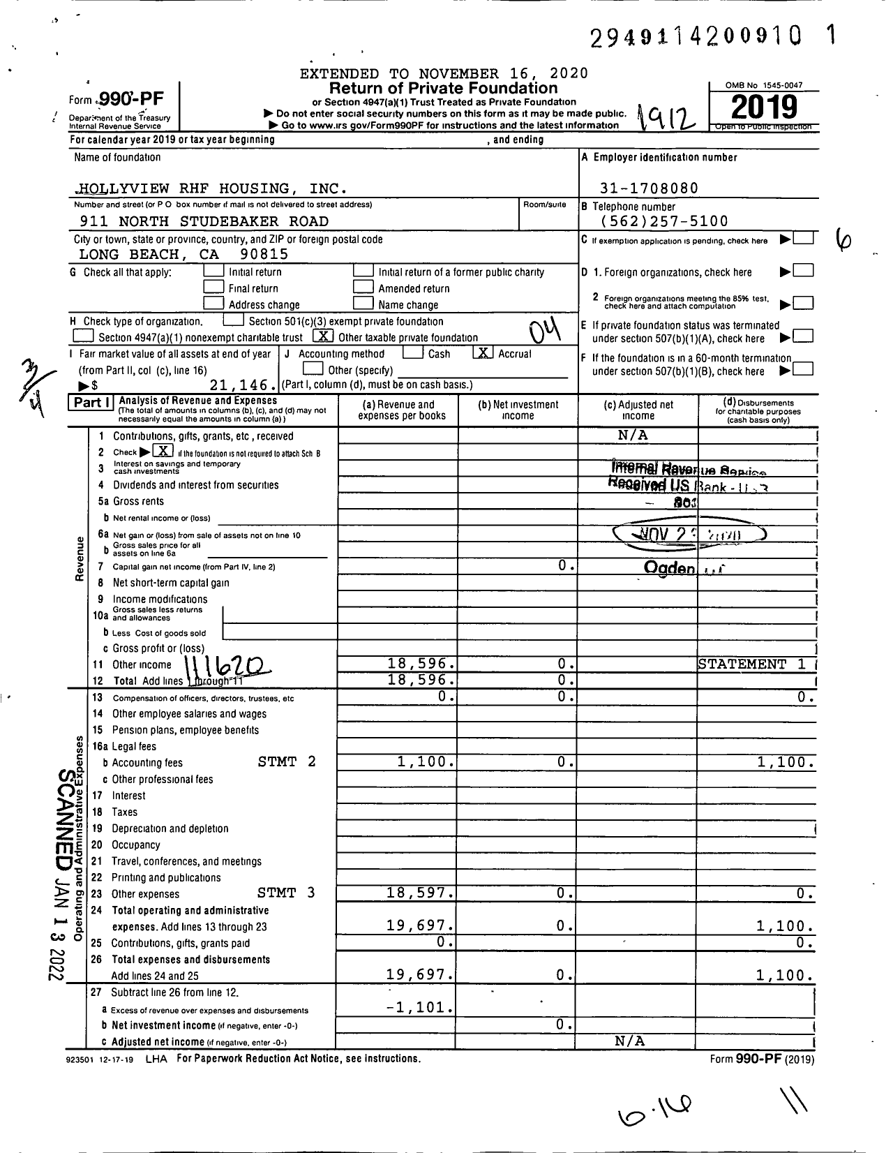 Image of first page of 2019 Form 990PF for Hollyview RHF Housing