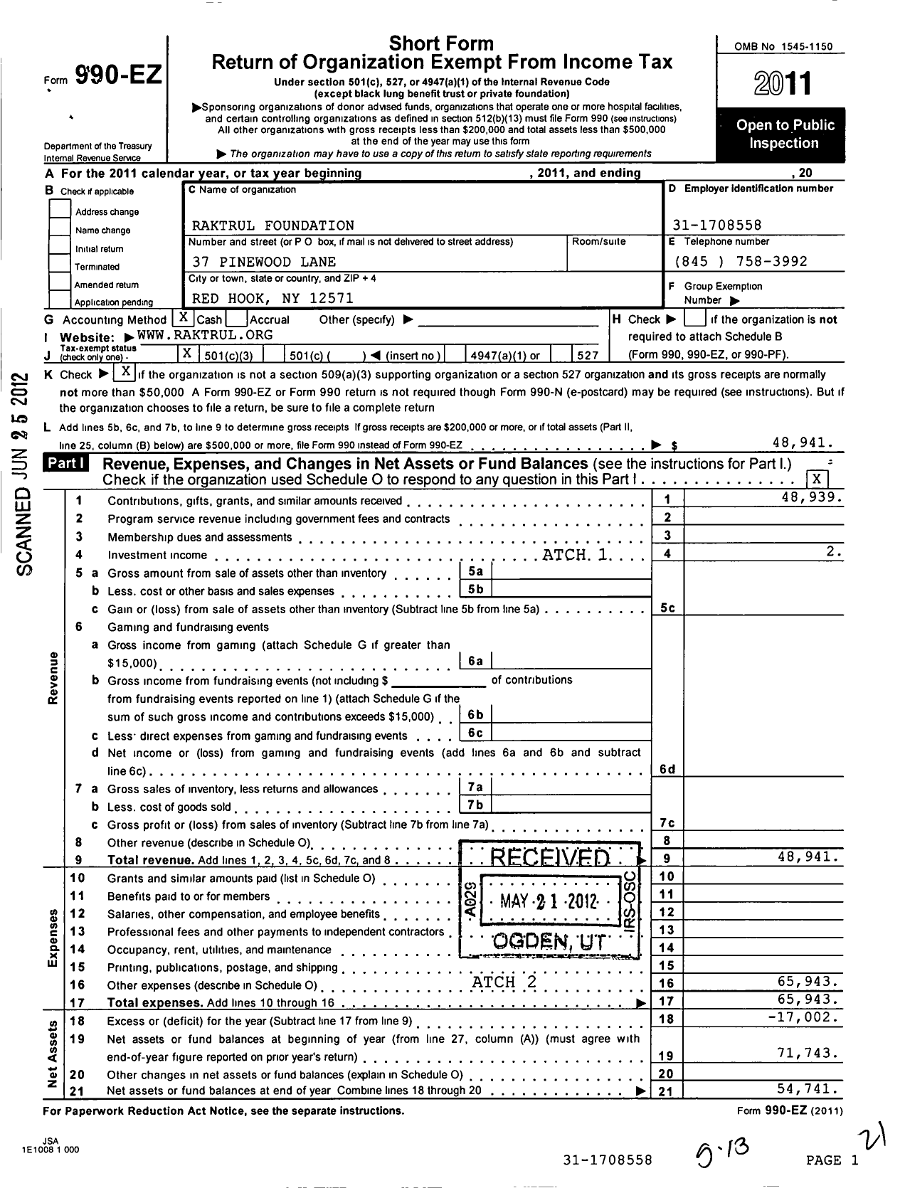 Image of first page of 2011 Form 990EZ for Raktrul Foundation