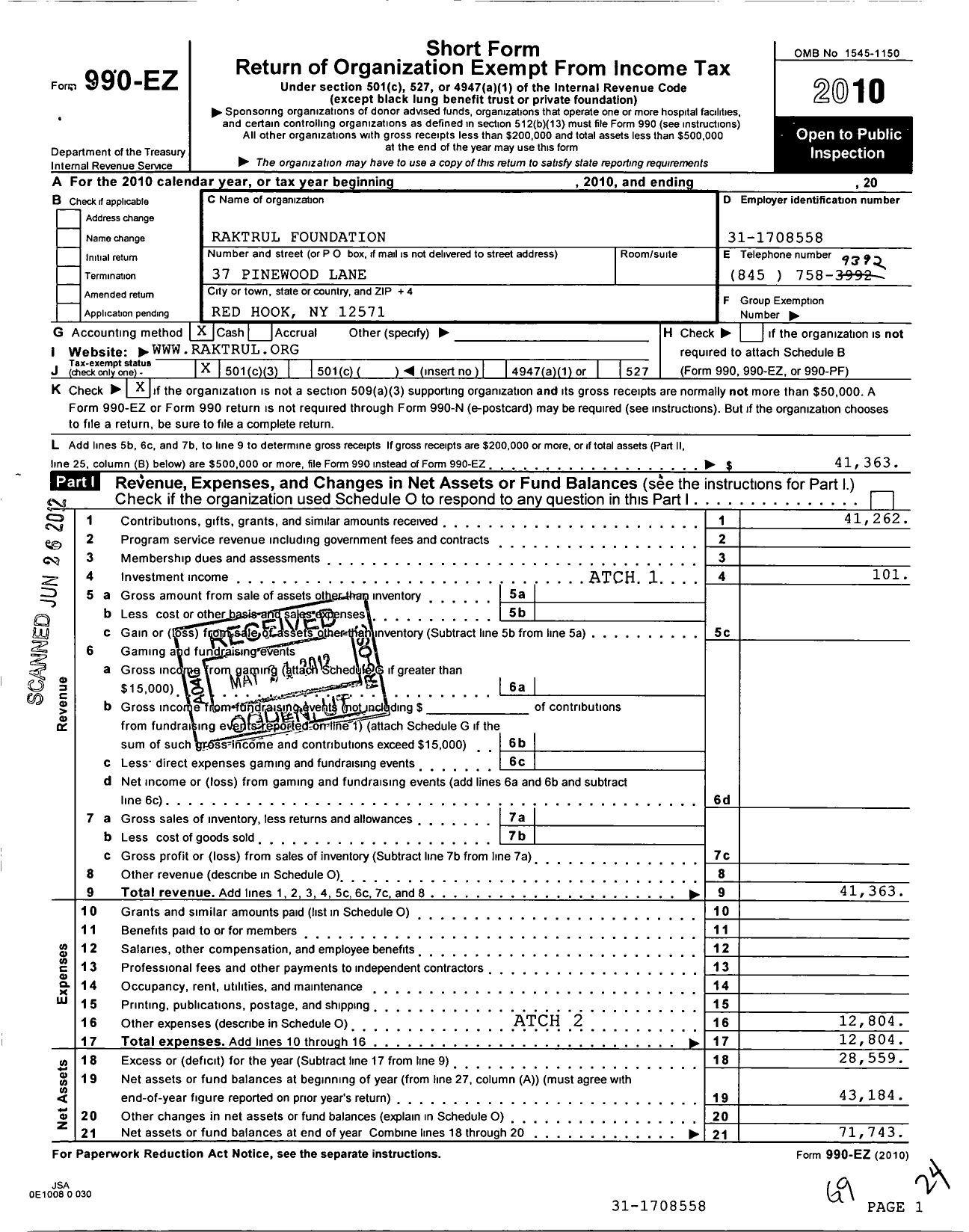 Image of first page of 2010 Form 990EZ for Raktrul Foundation