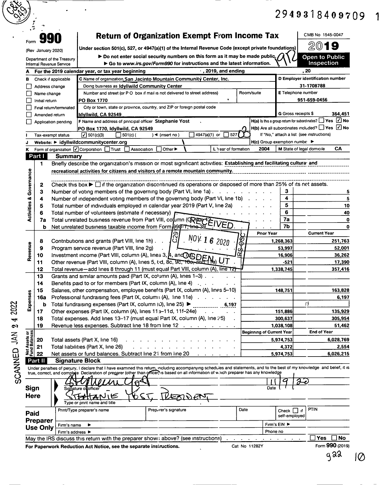 Image of first page of 2019 Form 990 for Idyllwild Community Center