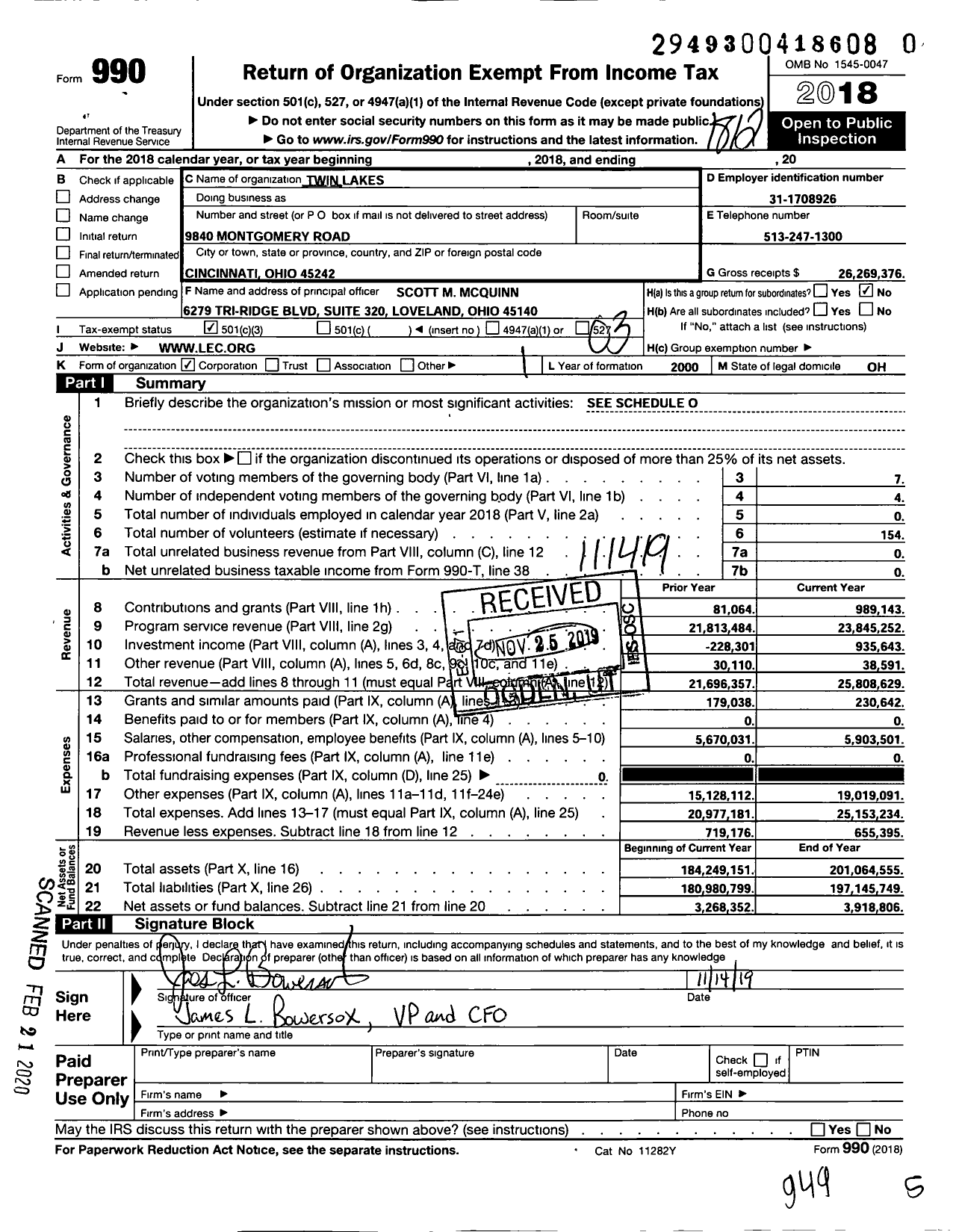 Image of first page of 2018 Form 990 for Twin Lakes