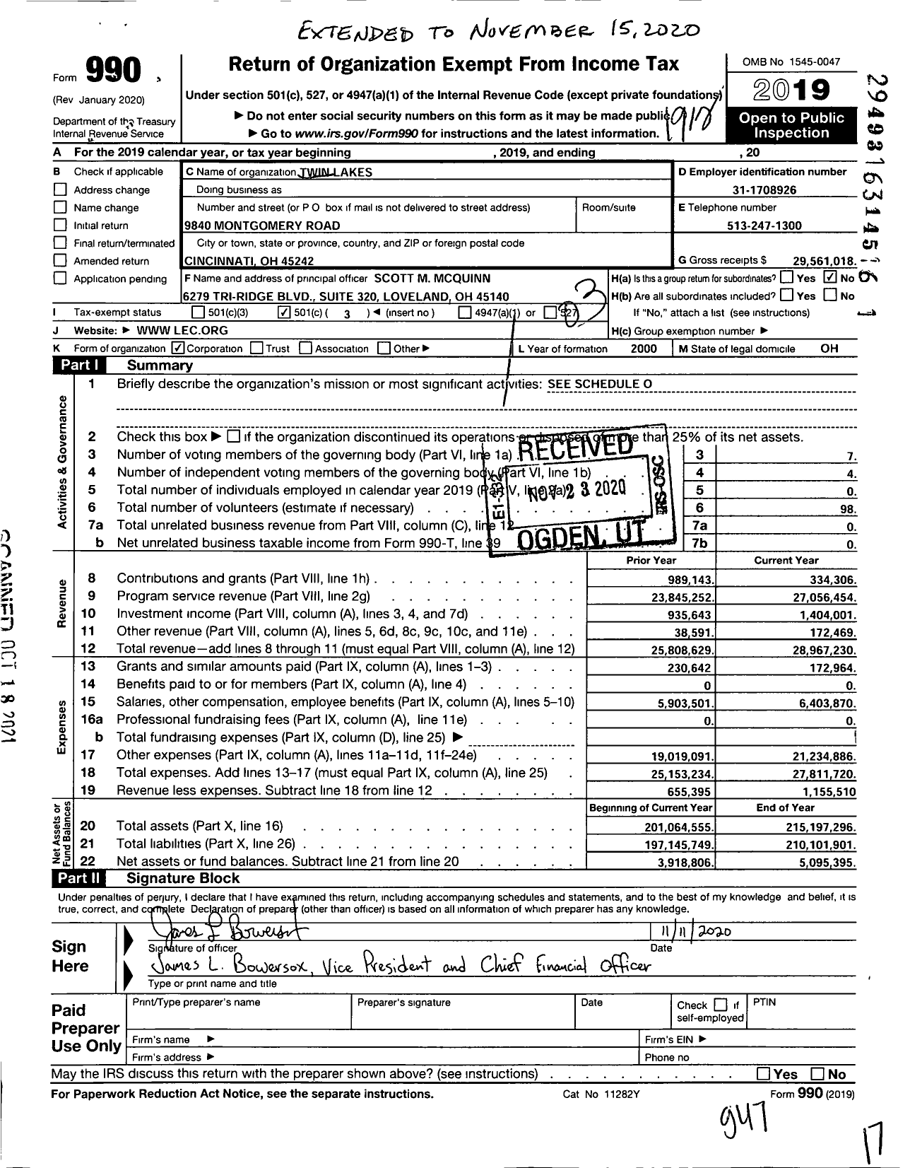 Image of first page of 2019 Form 990 for Twin Lakes