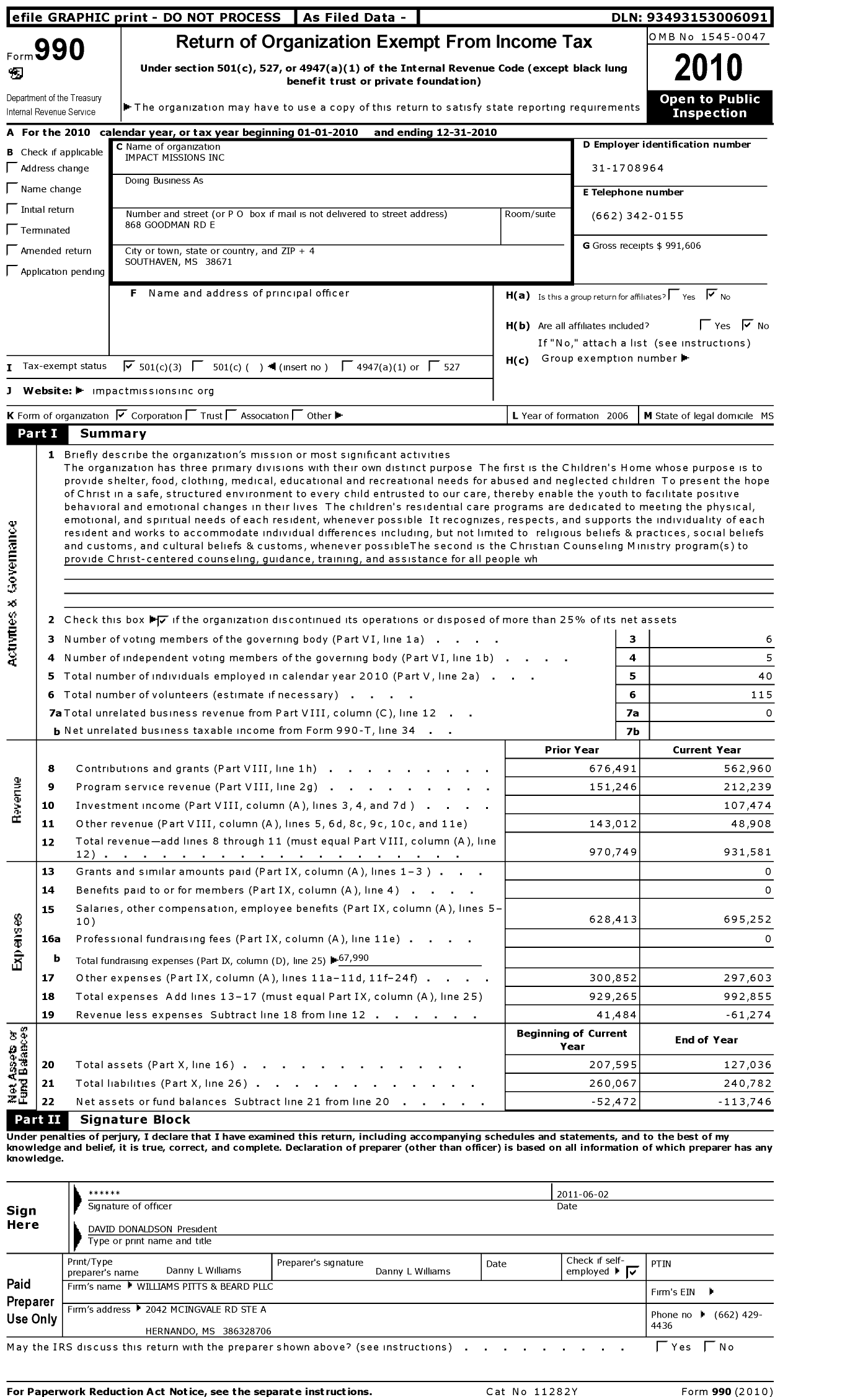 Image of first page of 2010 Form 990 for Impact Missions