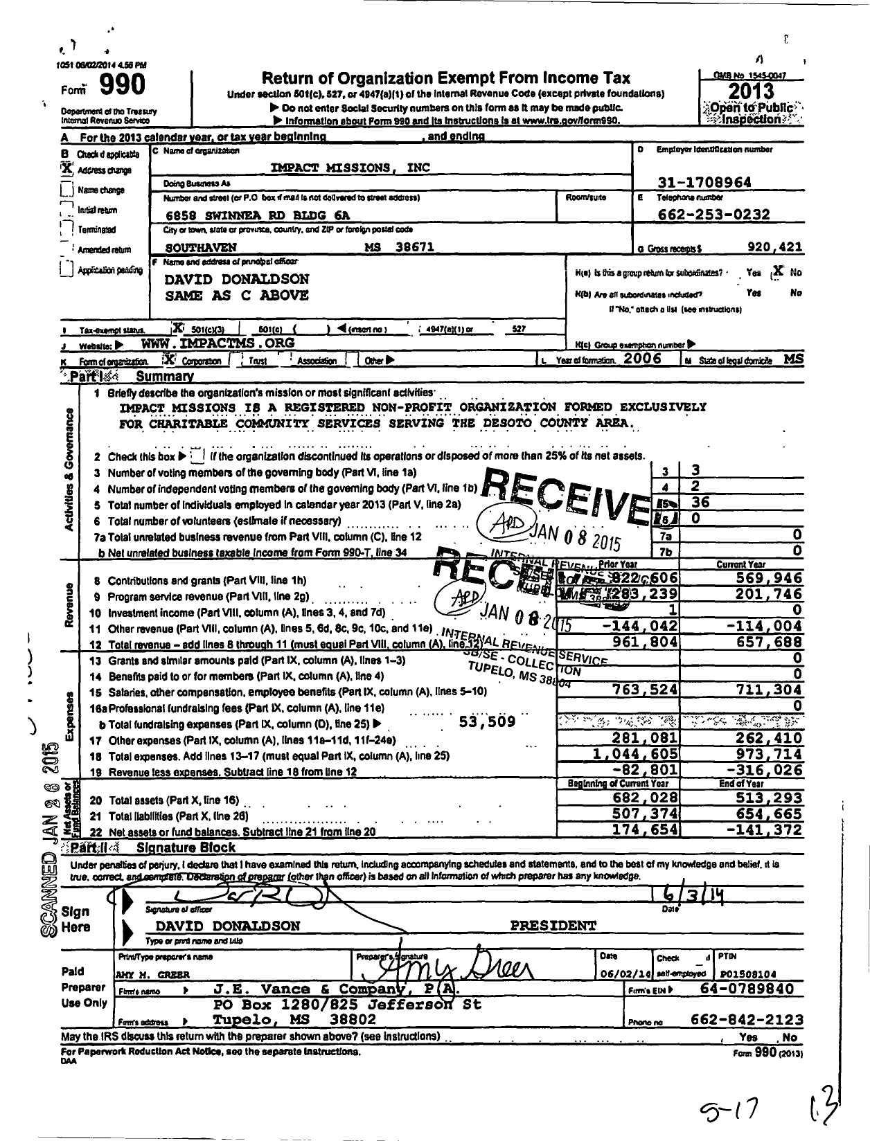 Image of first page of 2013 Form 990 for Impact Missions